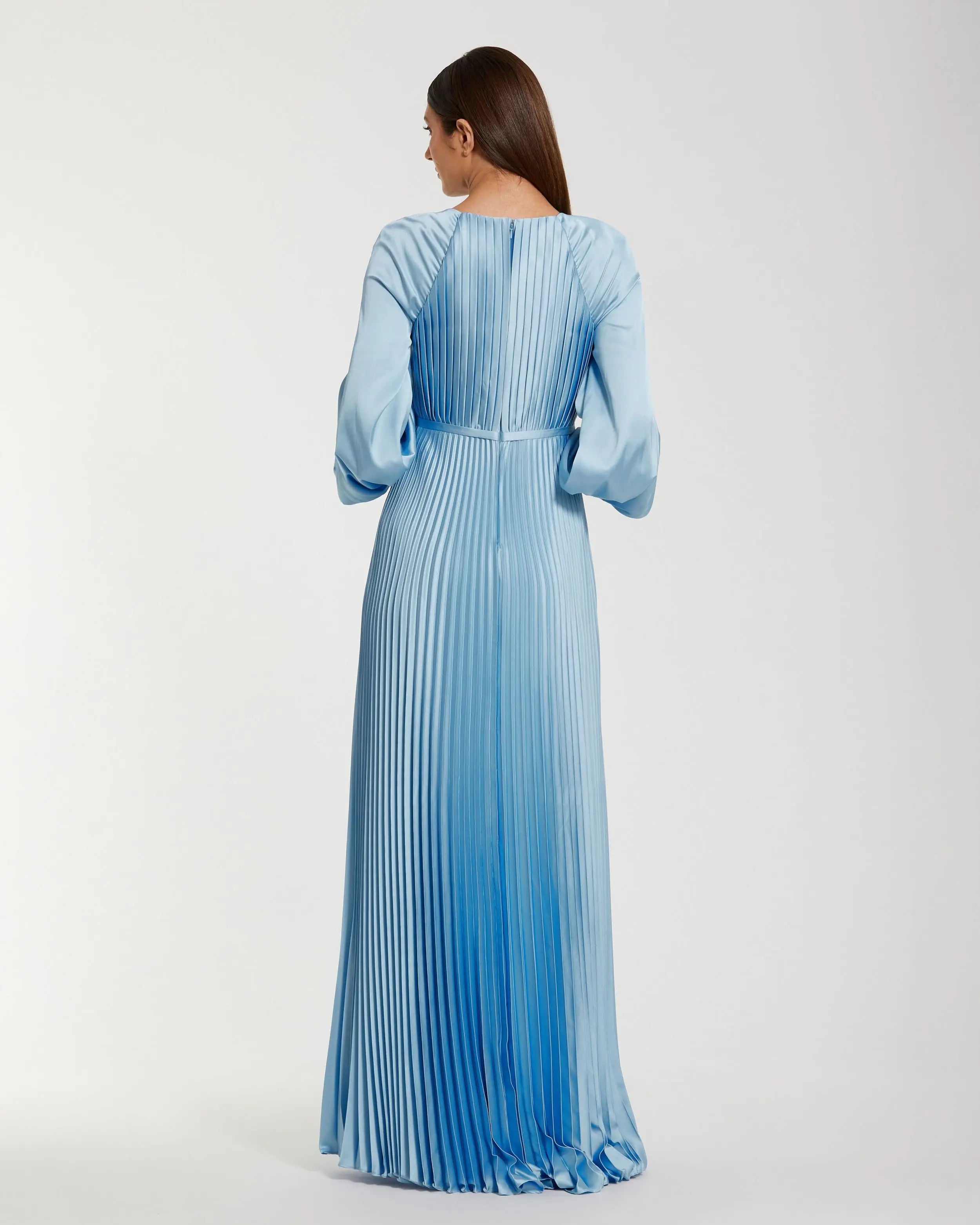 Blue Pleated High Neck Raglan Long Sleeve Side Slit Gown-Myartka