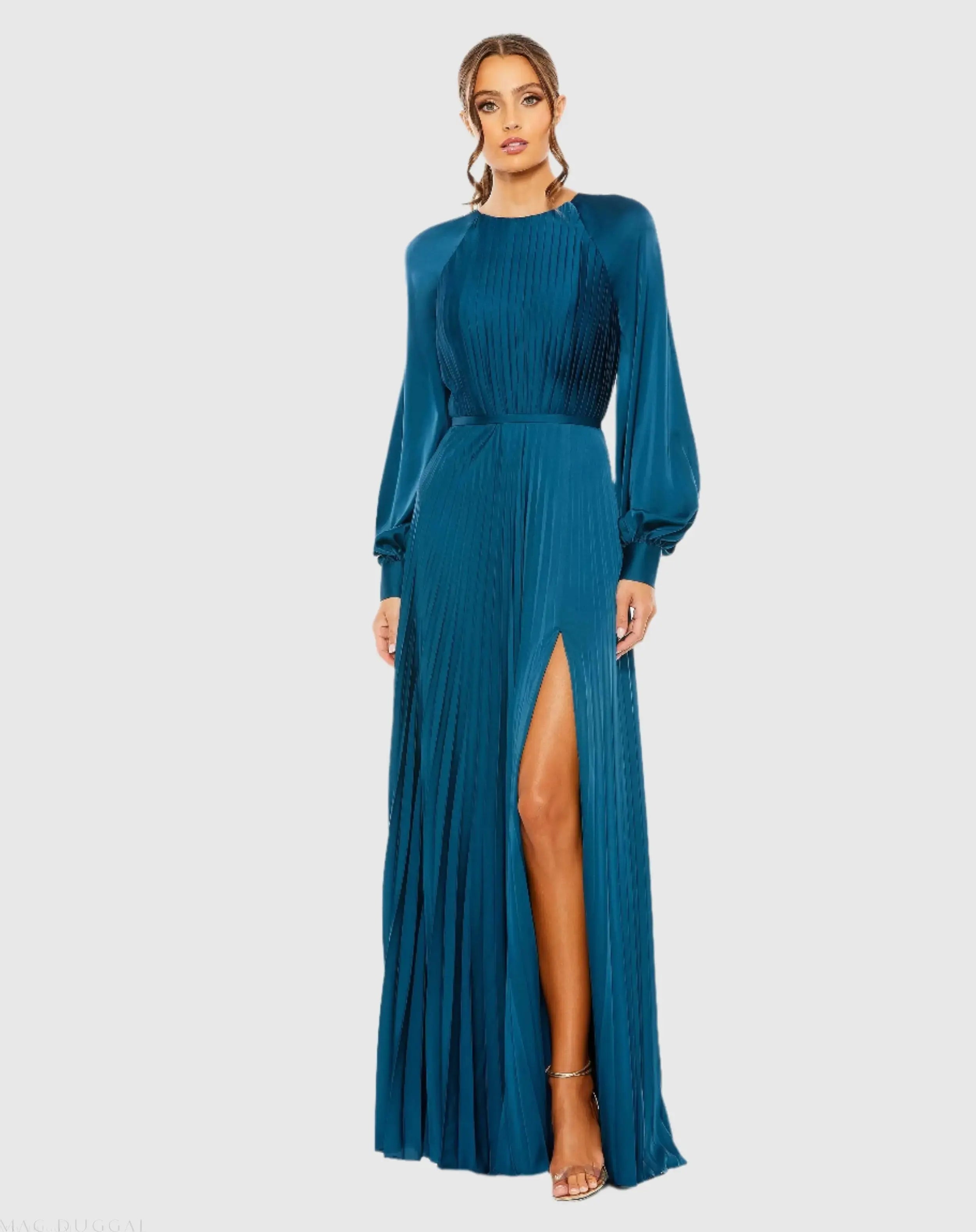 Blue Pleated High Neck Long Sleeve Gown with Slit-Myartka
