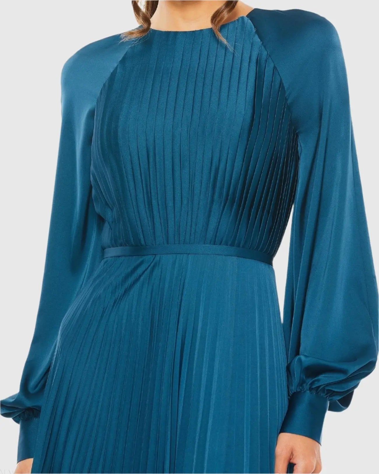 Blue Pleated High Neck Long Sleeve Gown with Slit-Myartka