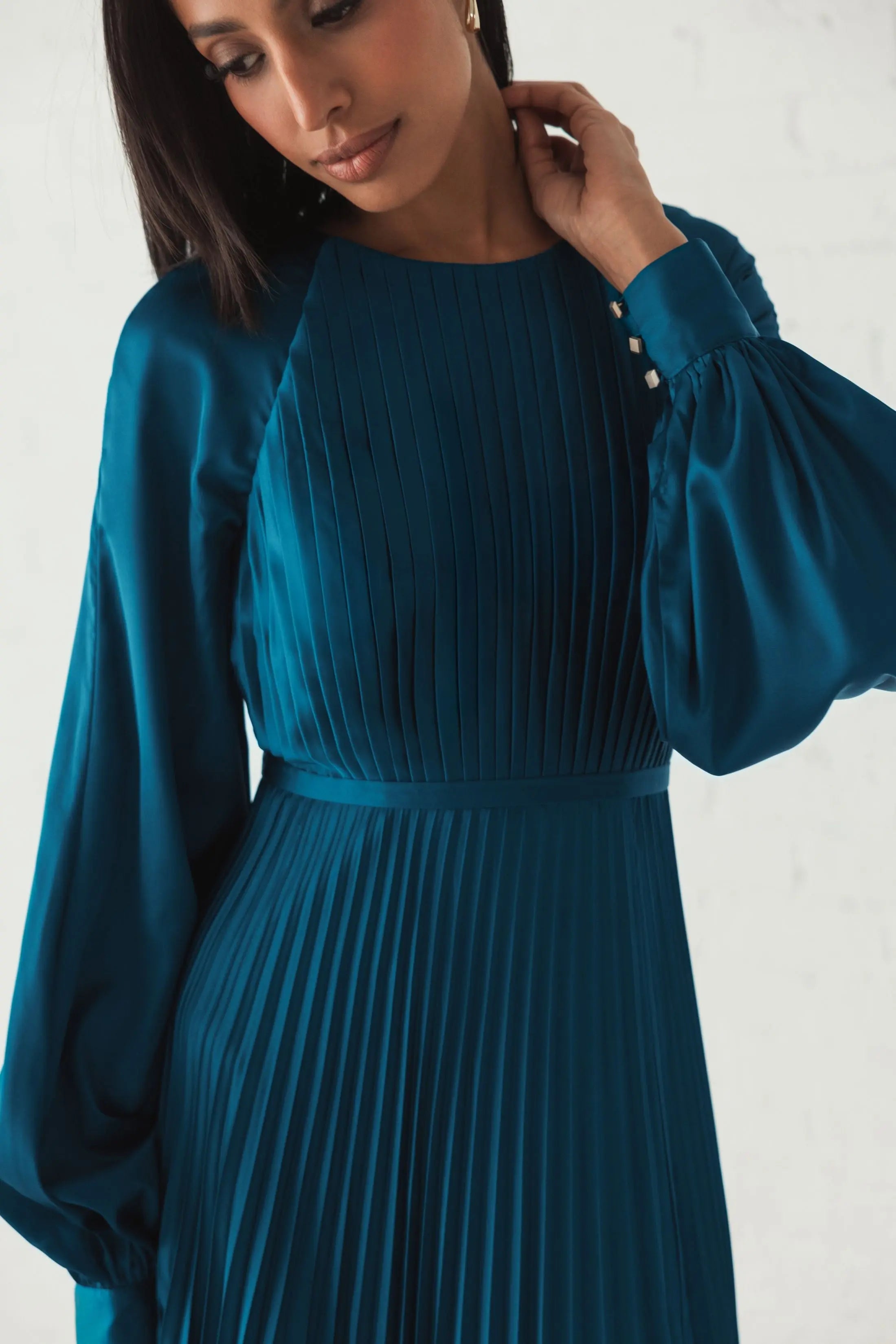 Blue Pleated High Neck Long Sleeve Gown with Slit-Myartka