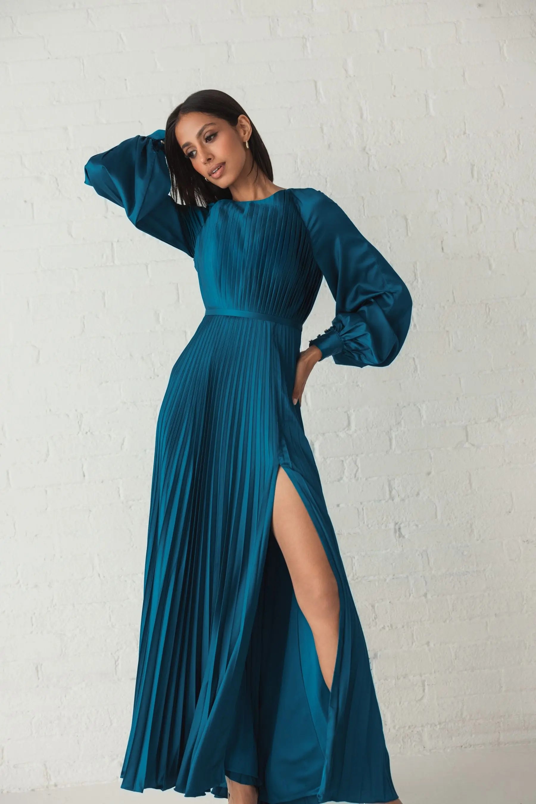 Blue Pleated High Neck Long Sleeve Gown with Slit-Myartka