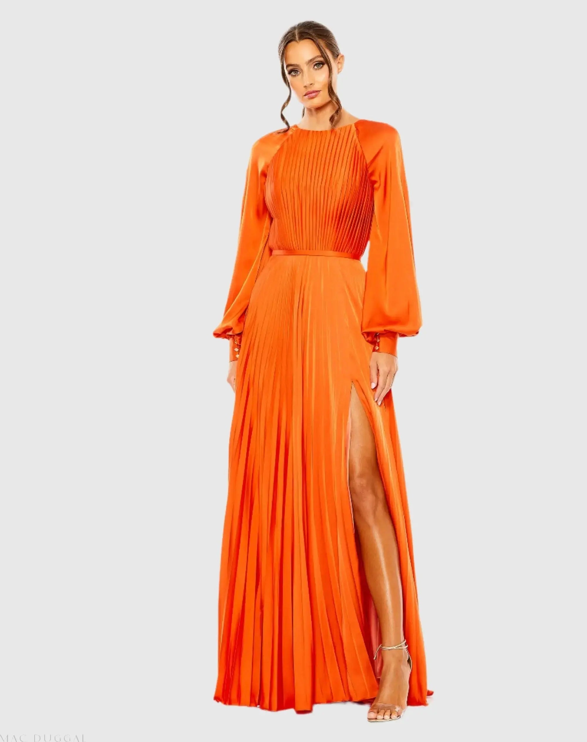 Pleated High Neck Raglan Long Sleeve Side Slit Gown-Myartka