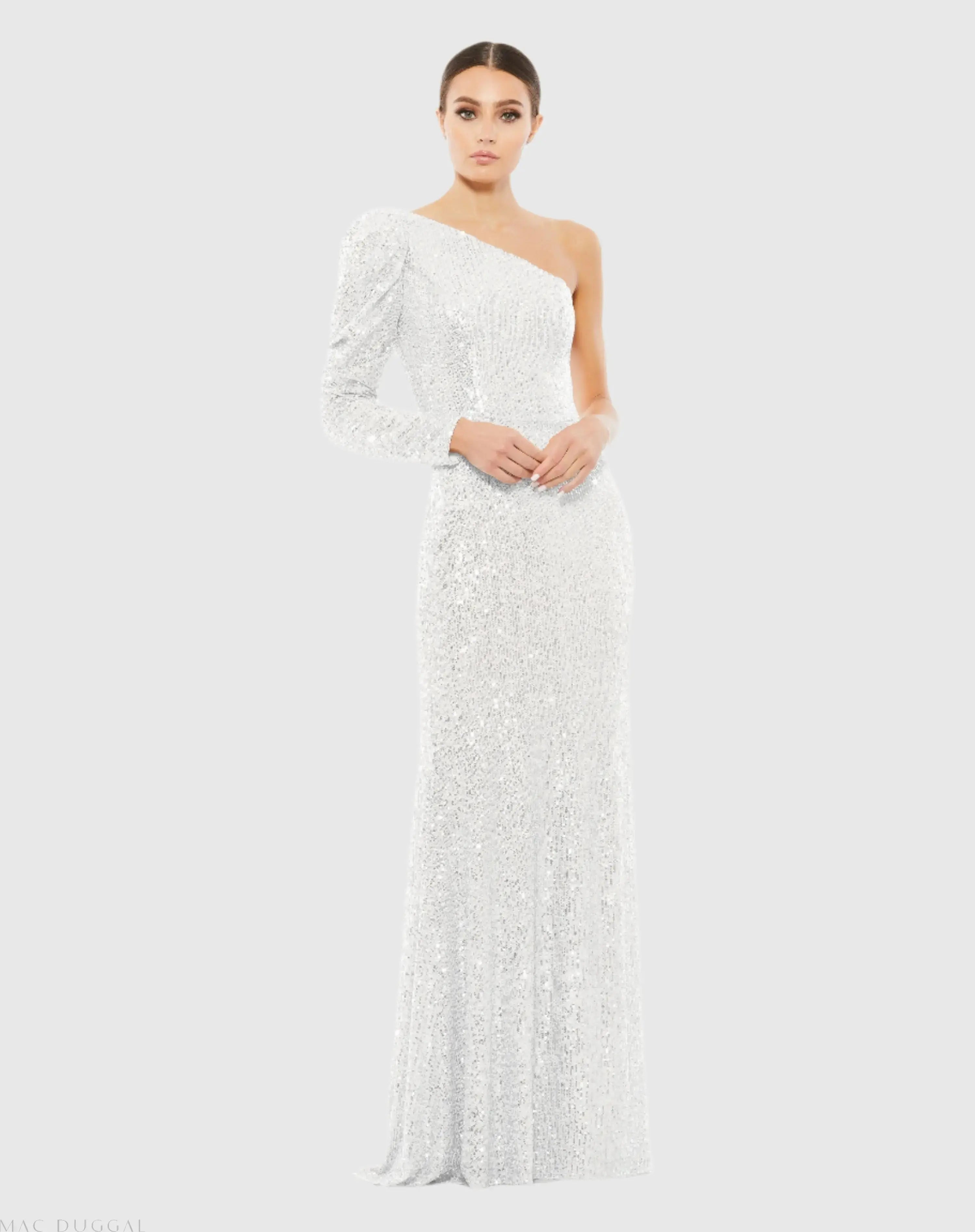 White Sequined One Shoulder Trumpet Gown-Myartka