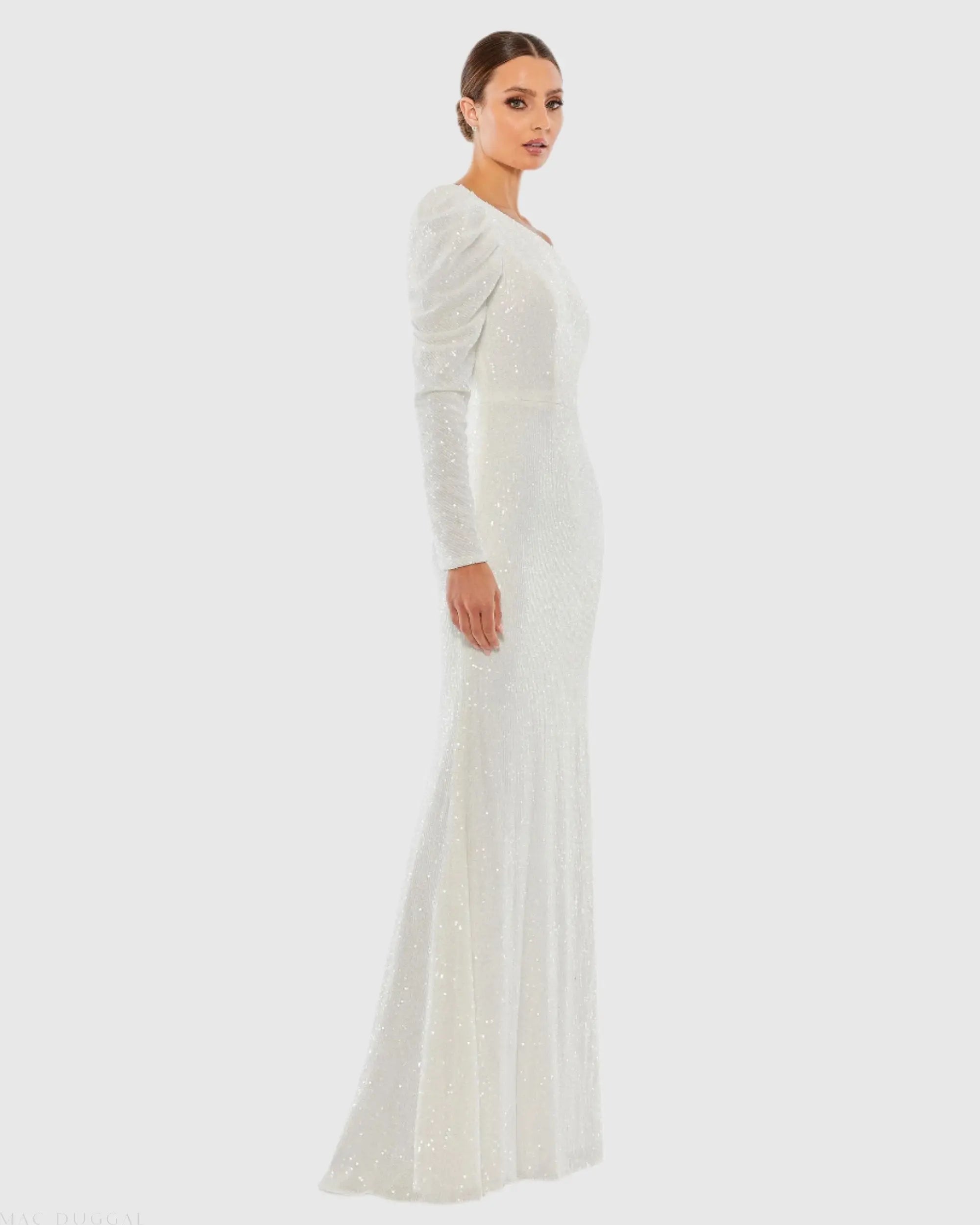 White Sequined One Shoulder Trumpet Gown-Myartka