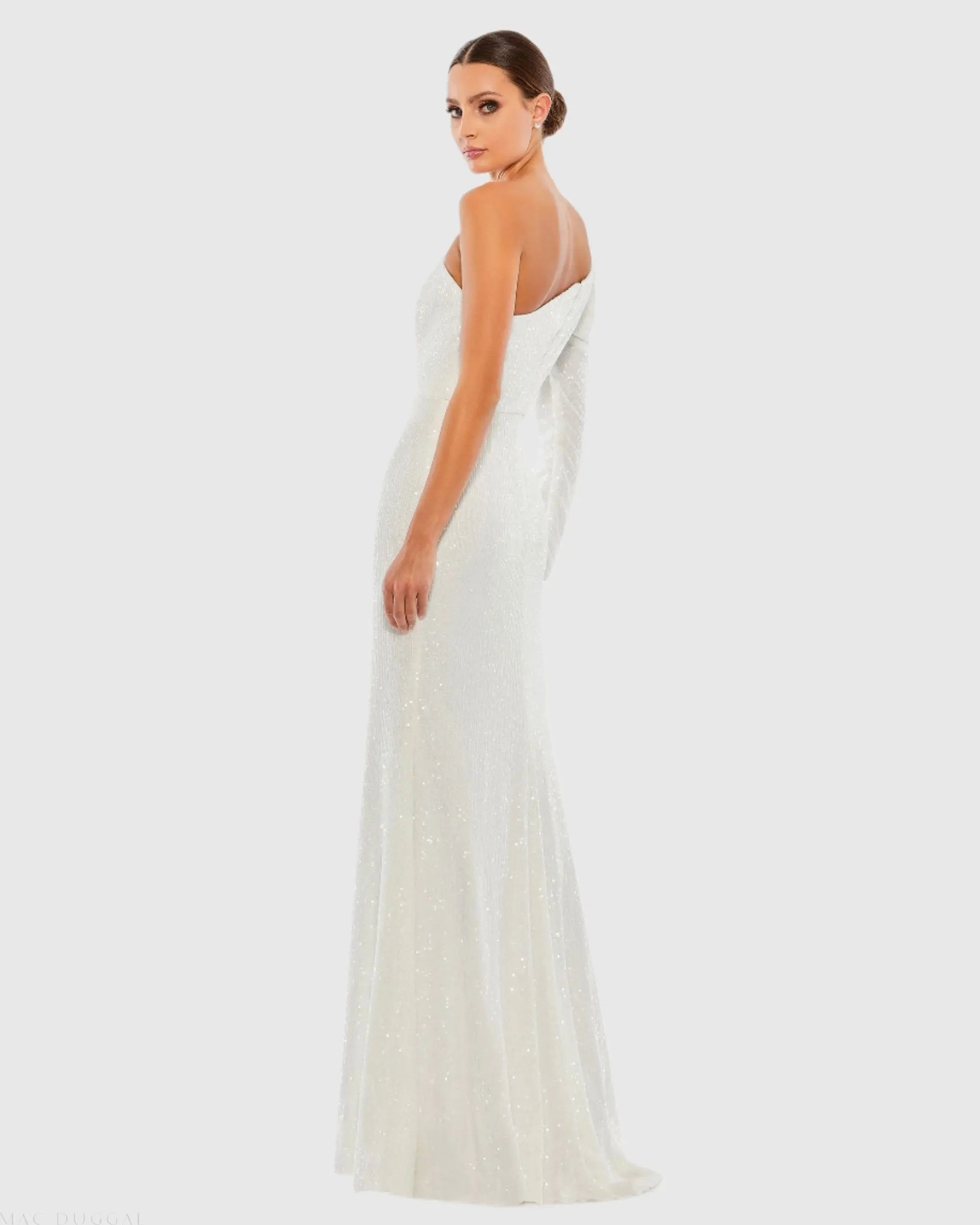 White Sequined One Shoulder Trumpet Gown-Myartka