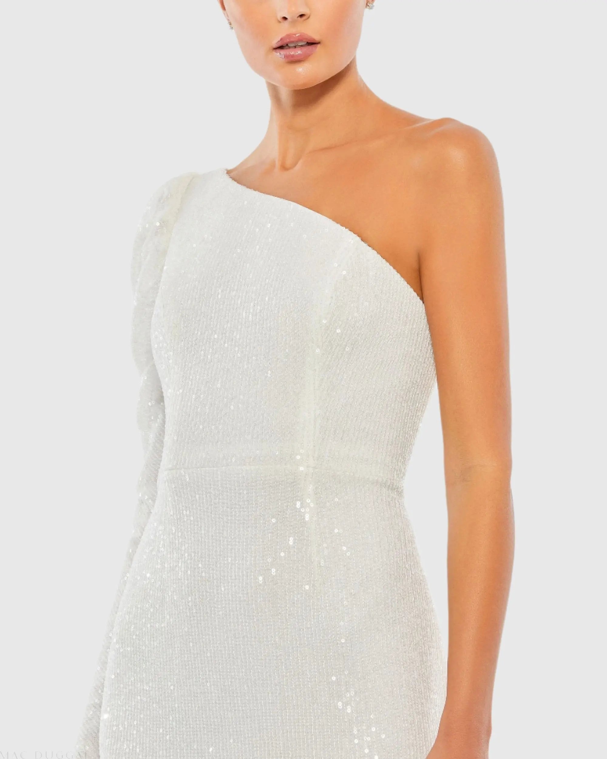 White Sequined One Shoulder Trumpet Gown-Myartka