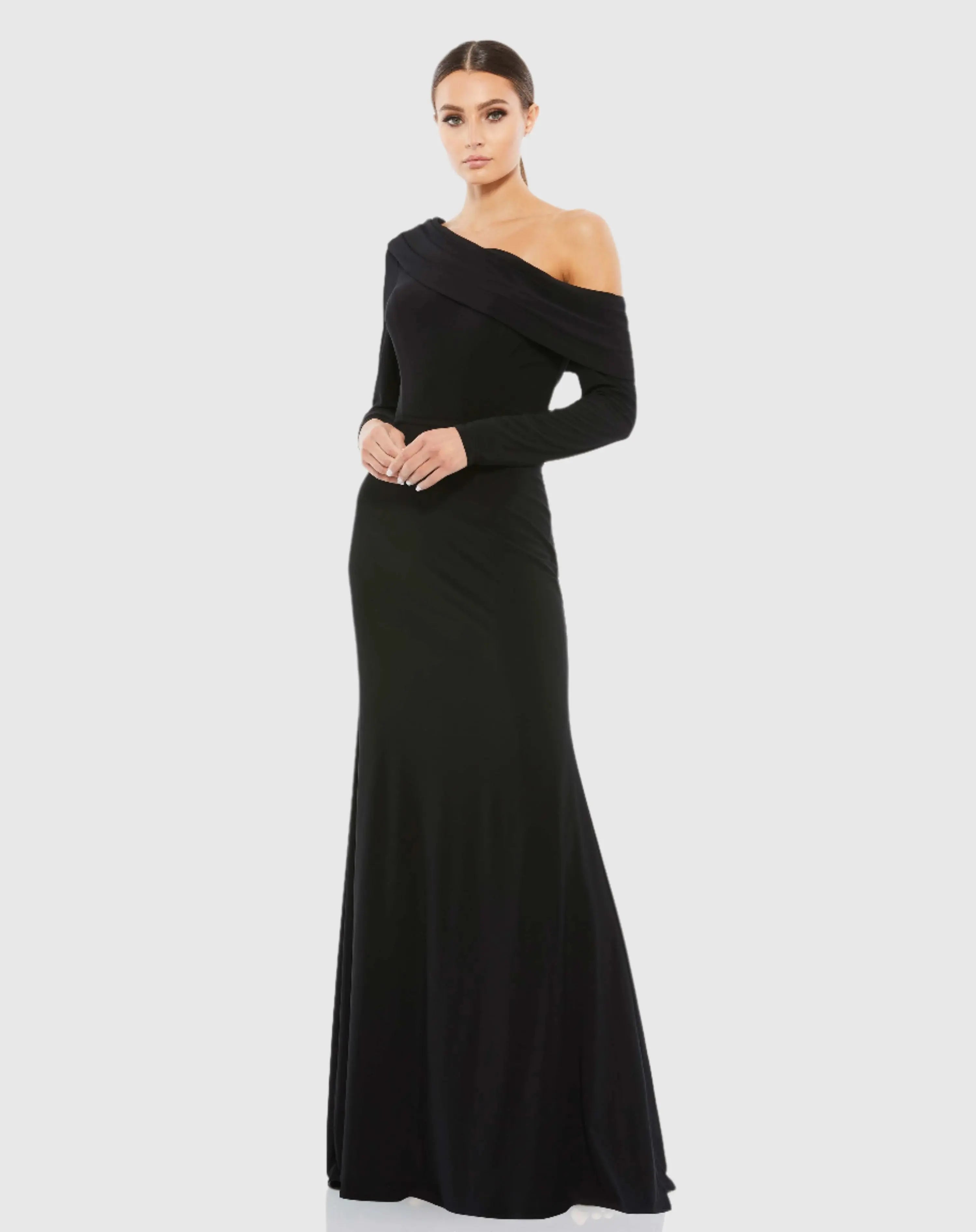 Black Drop Shoulder Long Sleeve Column Gown-Myartka