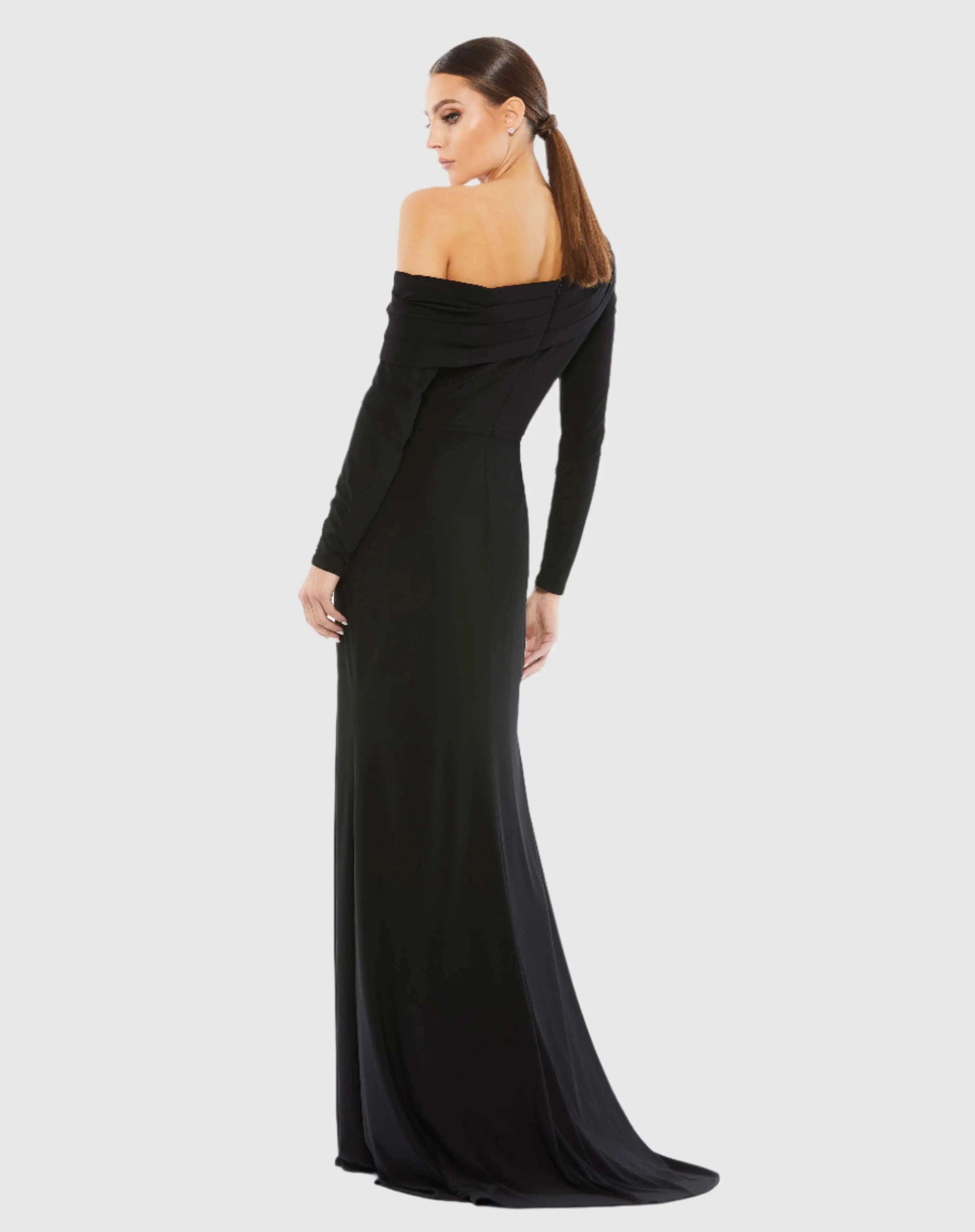 Black Drop Shoulder Long Sleeve Column Gown-Myartka