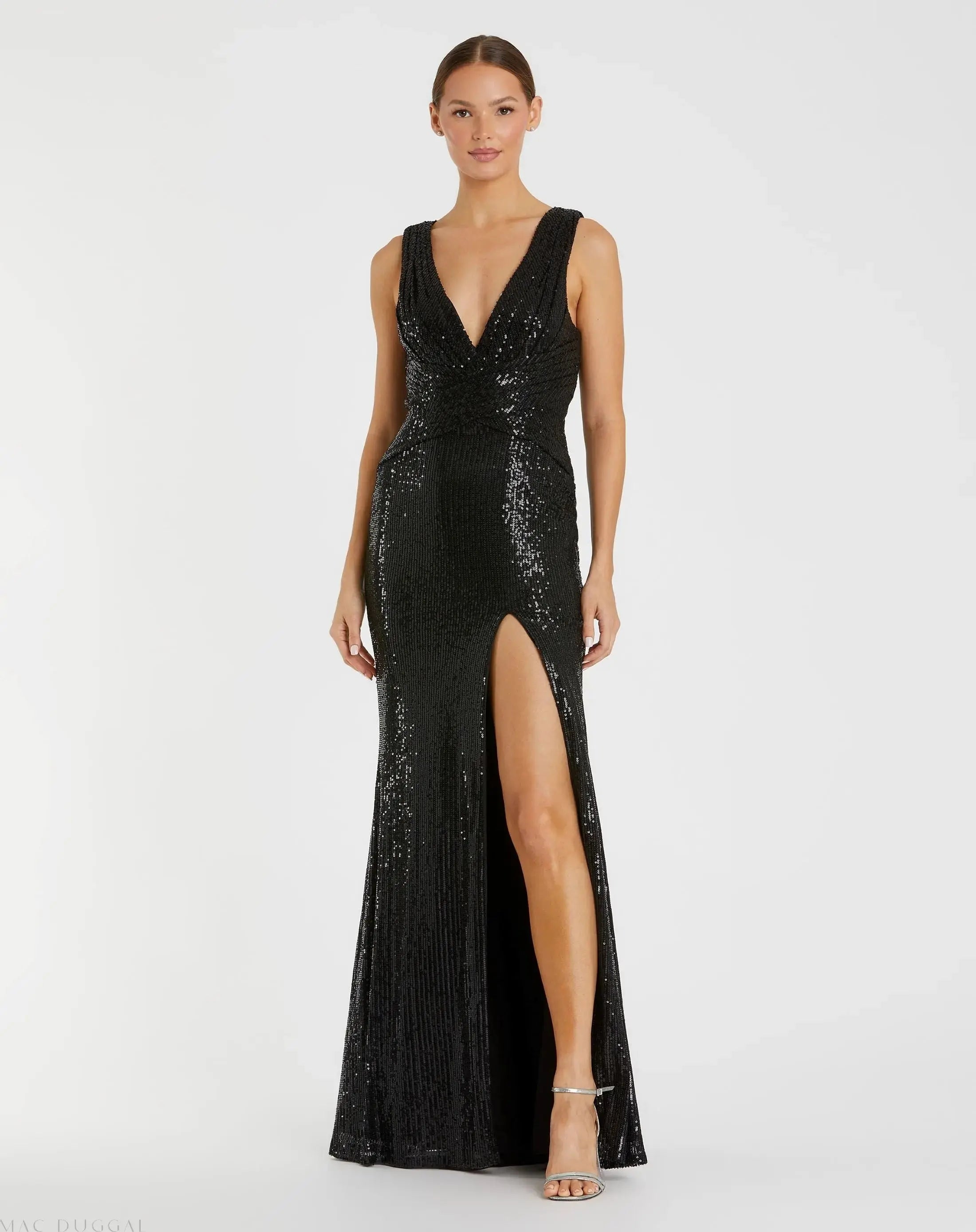 V-Neck Sequin Wrap Waist Gown-Myartka