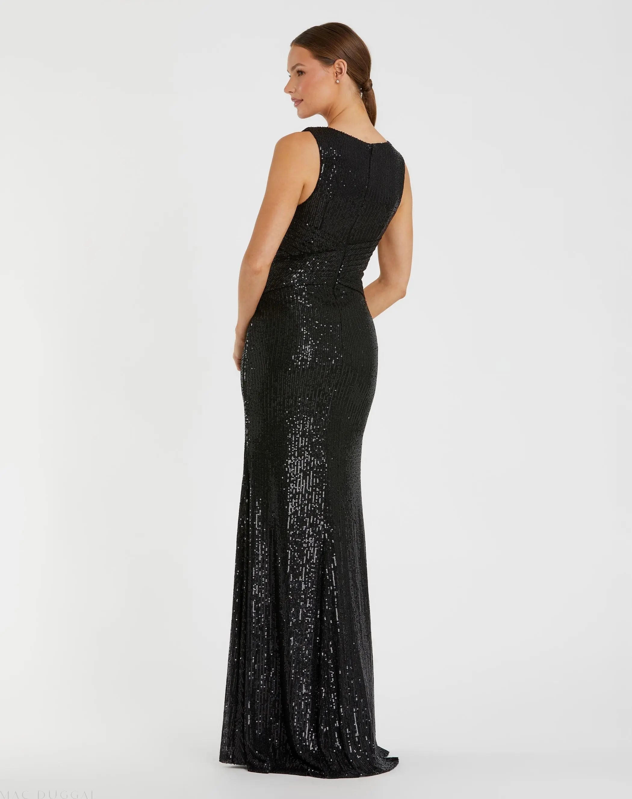 Black V-Neck Sequin Wrap Waist Gown-Myartka