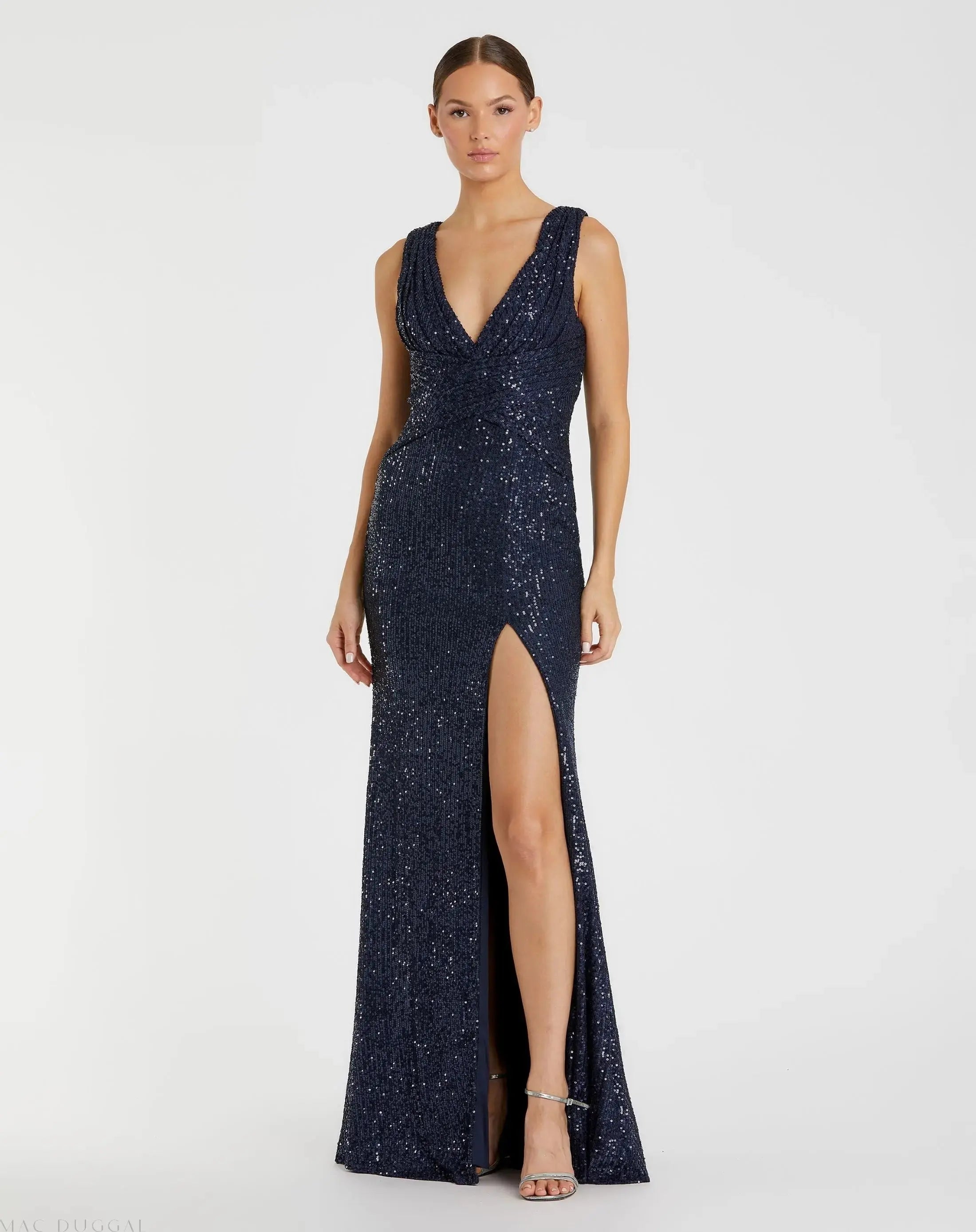 V-Neck Sequin Wrap Waist Gown-Myartka