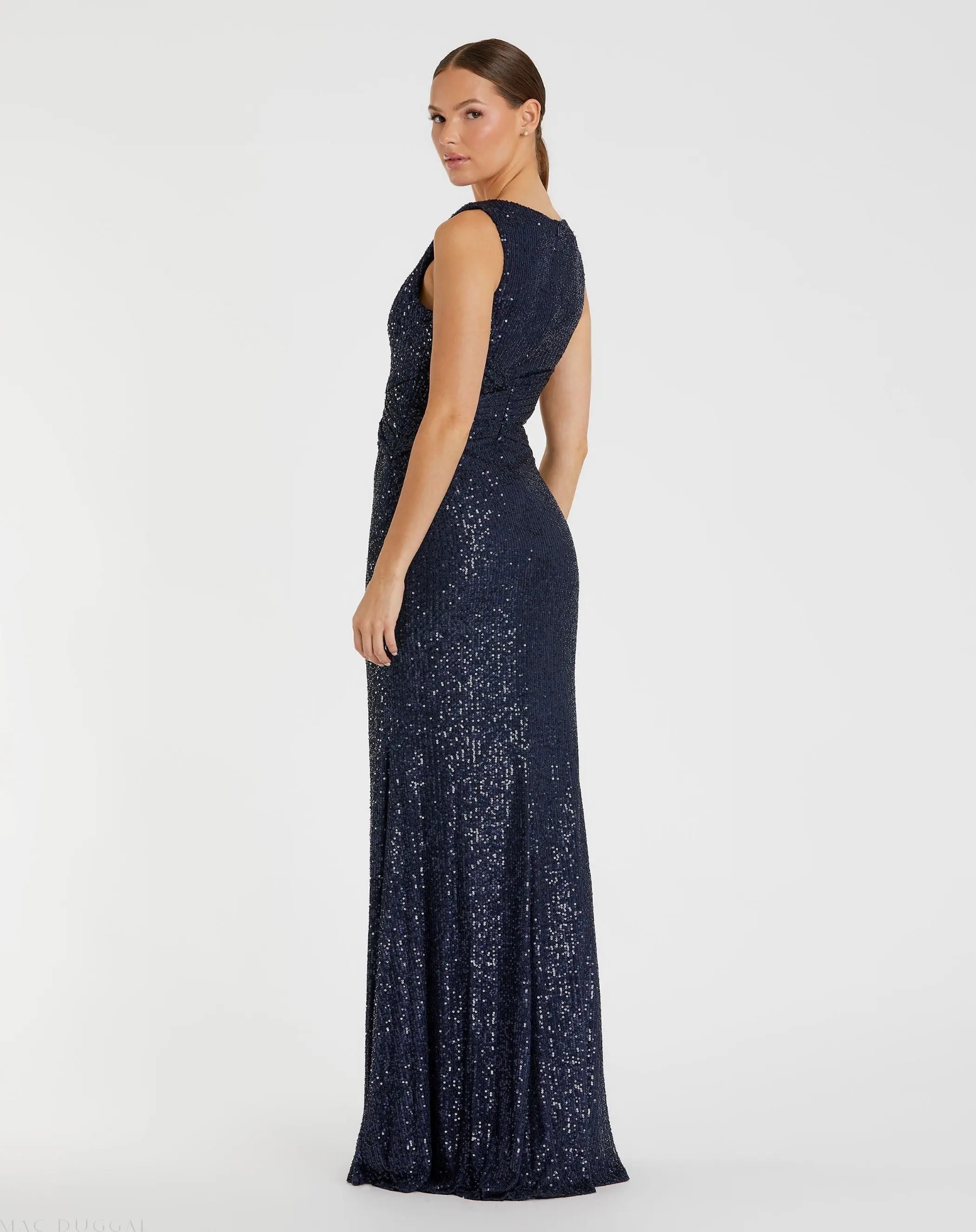 Navy V-Neck Sequin Wrap Waist Gown-Myartka