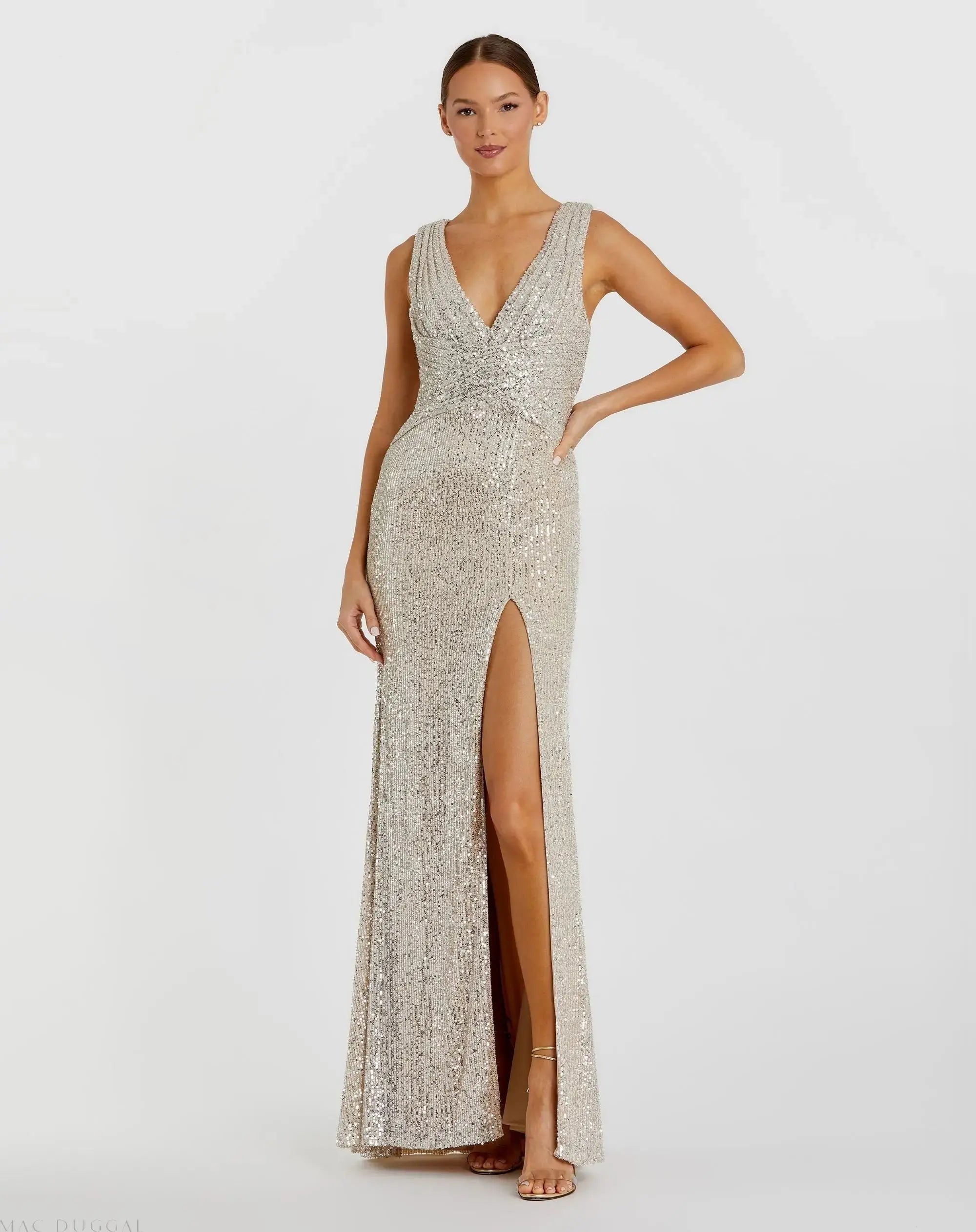 V-Neck Sequin Wrap Waist Gown-Myartka
