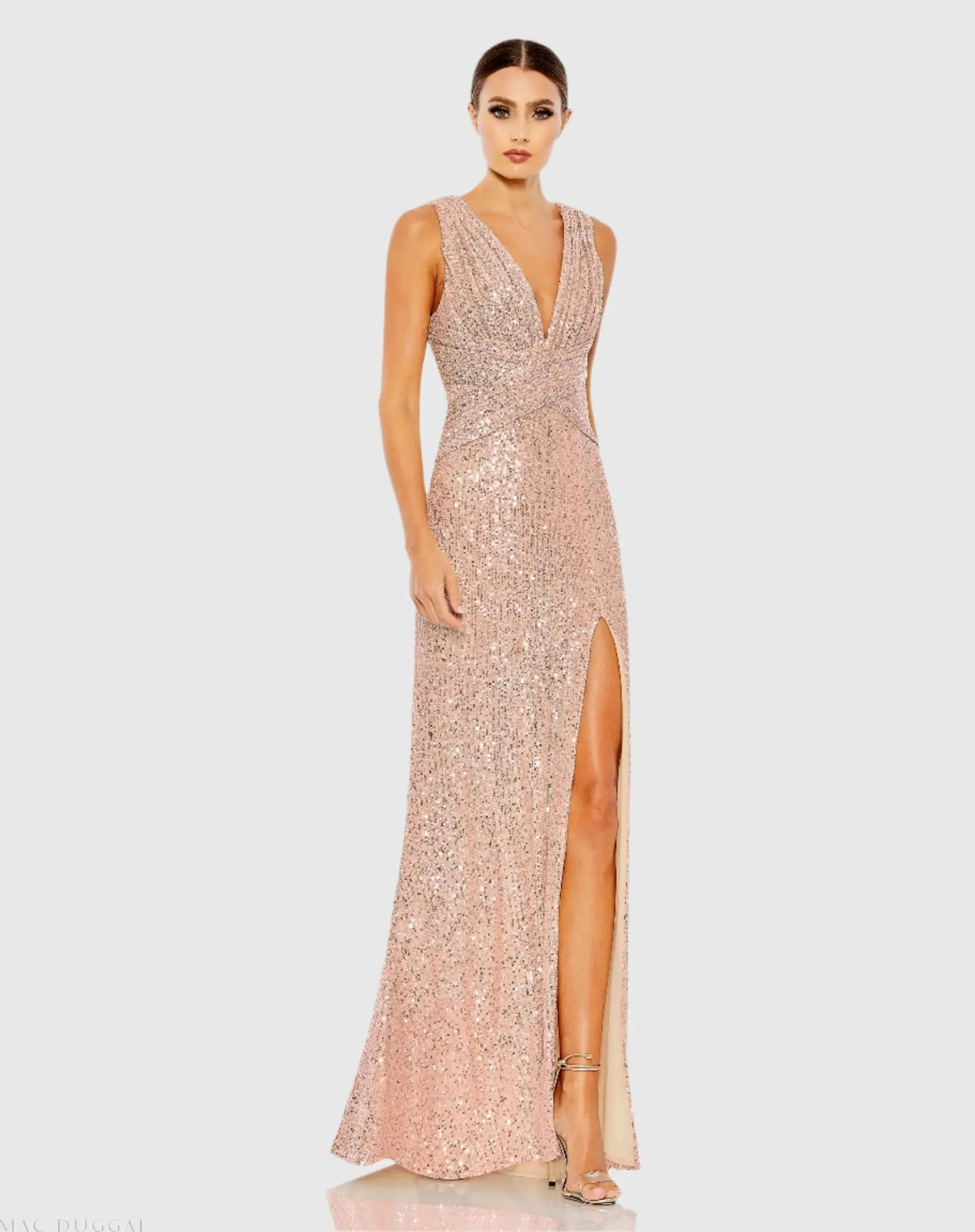 V-Neck Sequin Wrap Waist Gown-Myartka