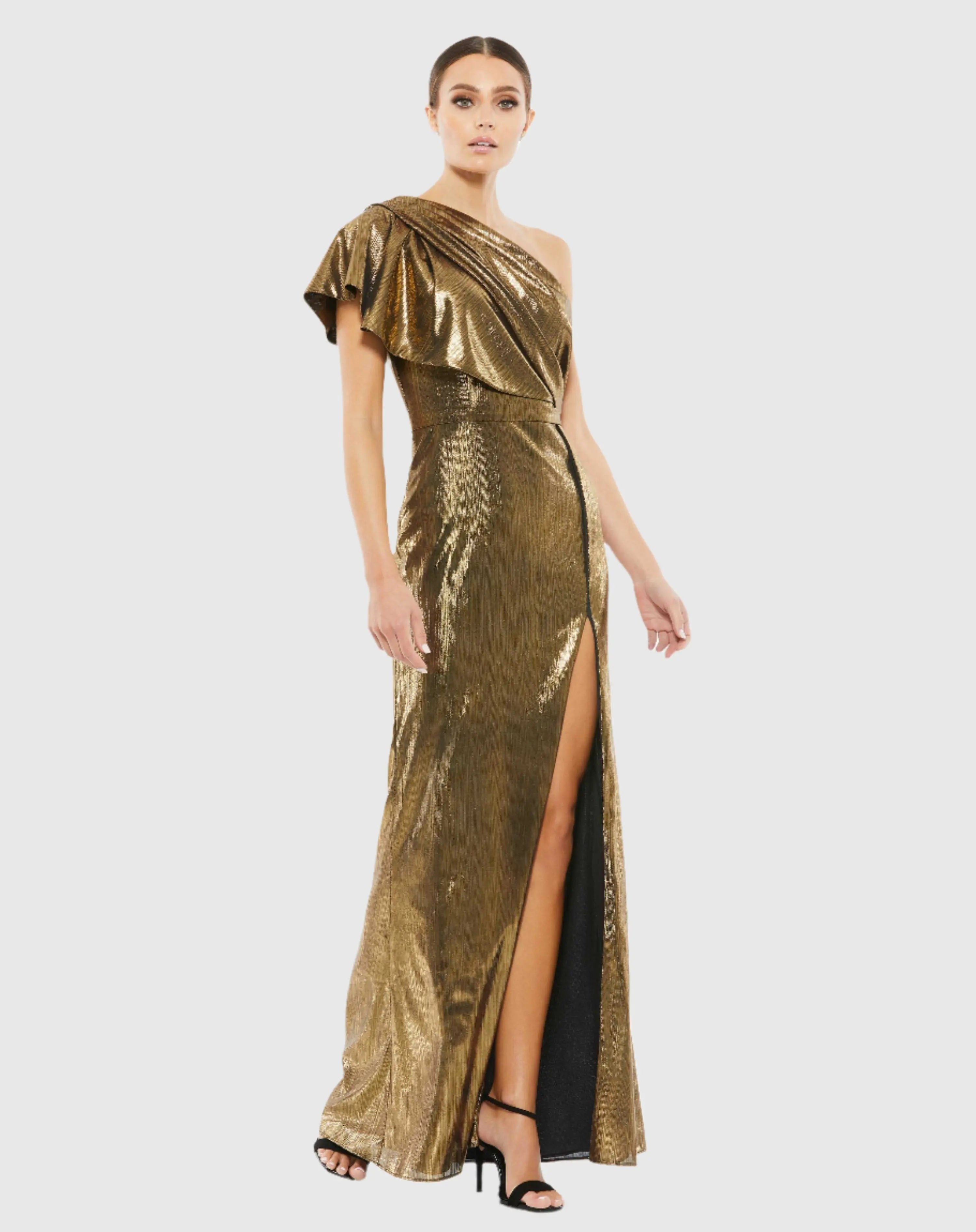 Gold Ruffled One Shoulder Metallic Evening Gown - FINAL SALE-Myartka