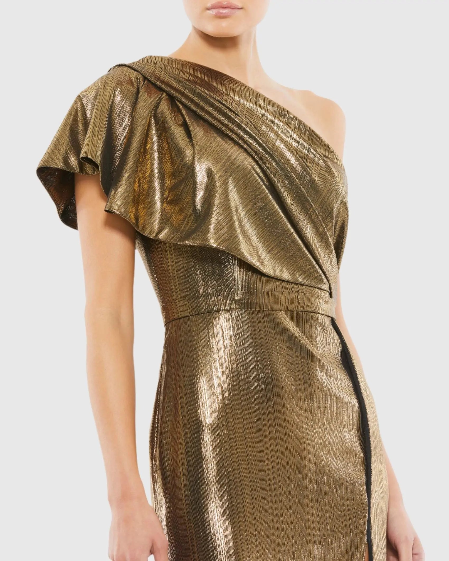 Gold Ruffled One Shoulder Metallic Evening Gown - FINAL SALE-Myartka