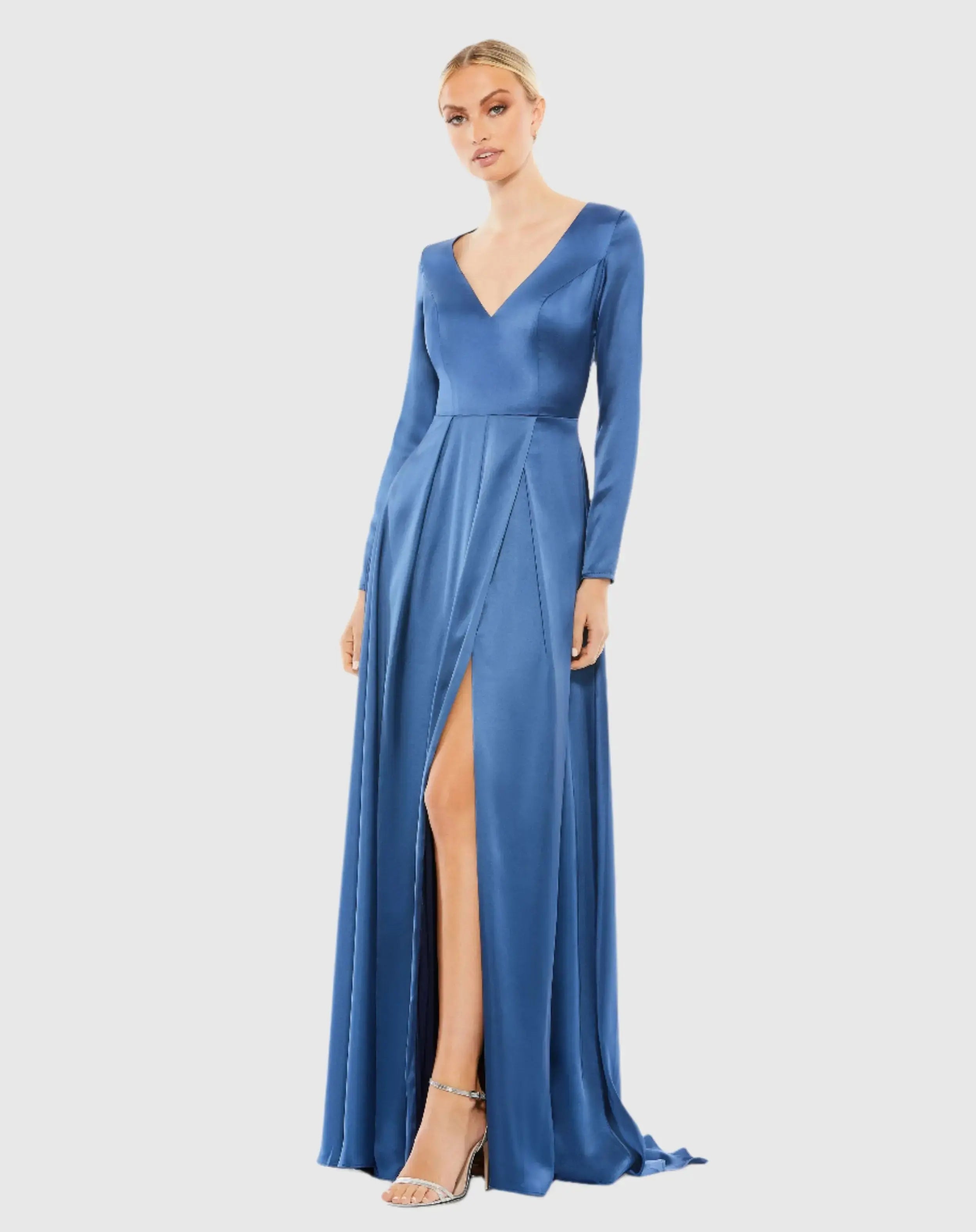 Satin V Neck Long Sleeve Pleated Gown-Myartka