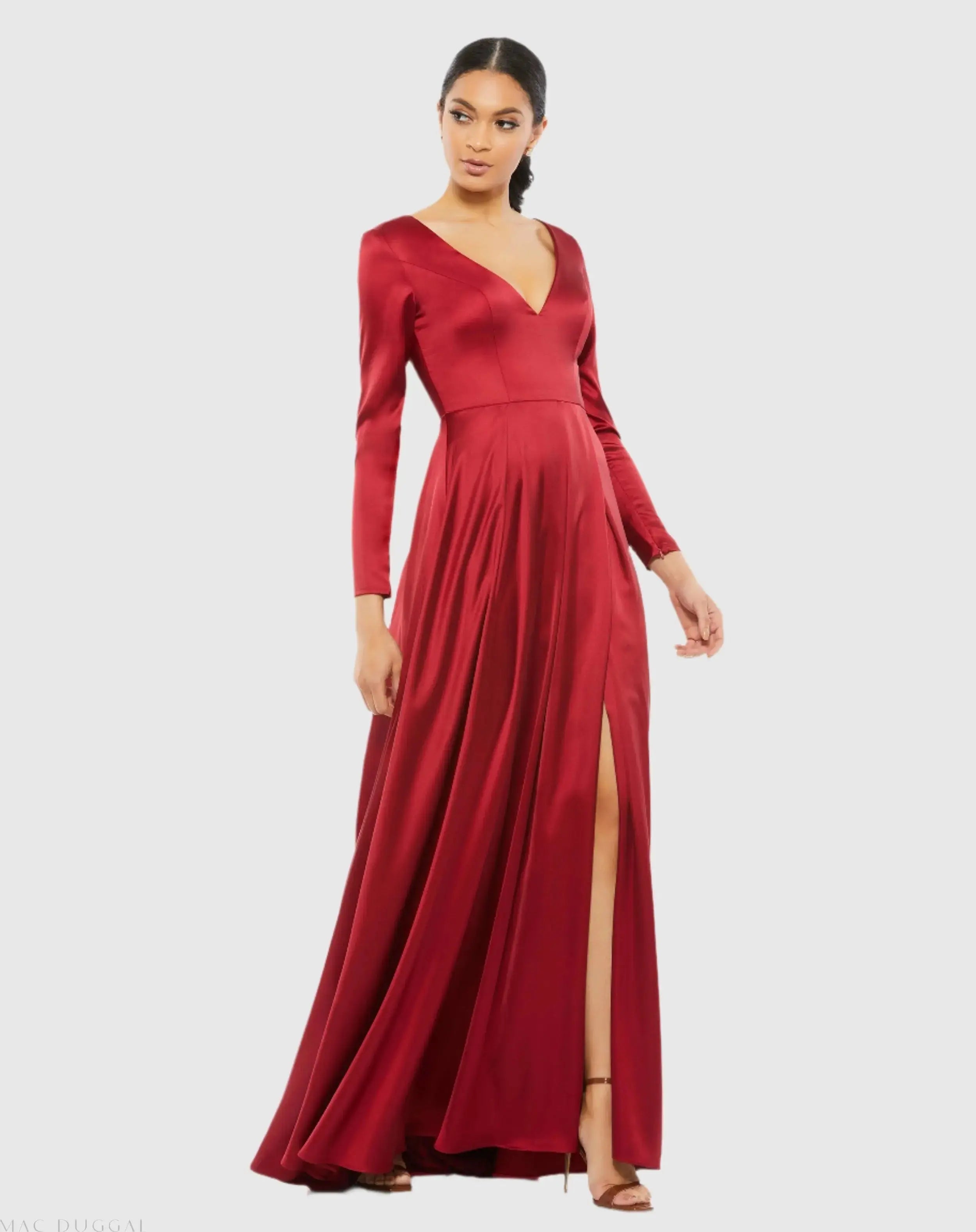 Satin V Neck Long Sleeve Pleated Gown-Myartka