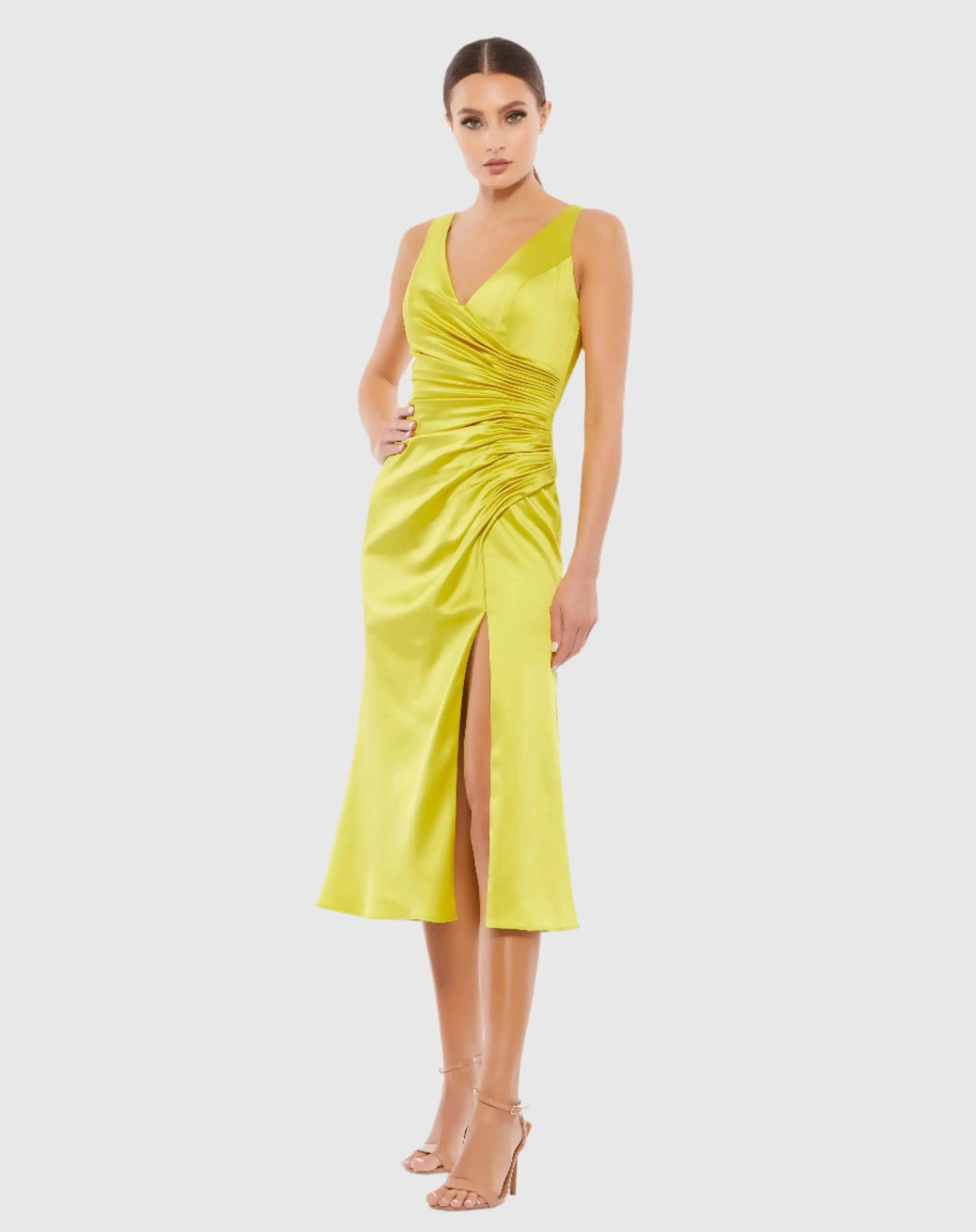 Satin Ruched V-Neck Faux Wrap Midi Dress-Myartka