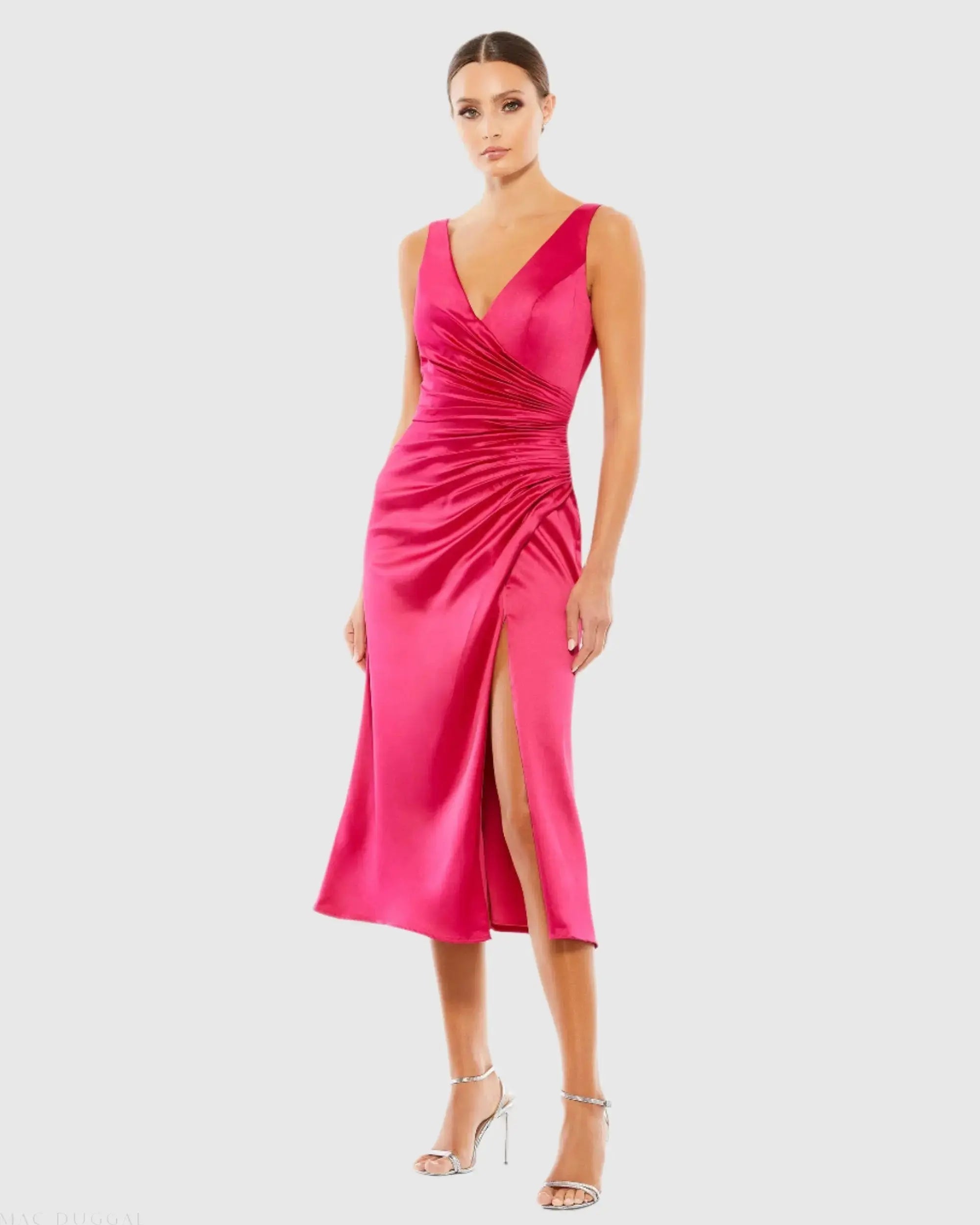 Satin Ruched V-Neck Faux Wrap Midi Dress-Myartka
