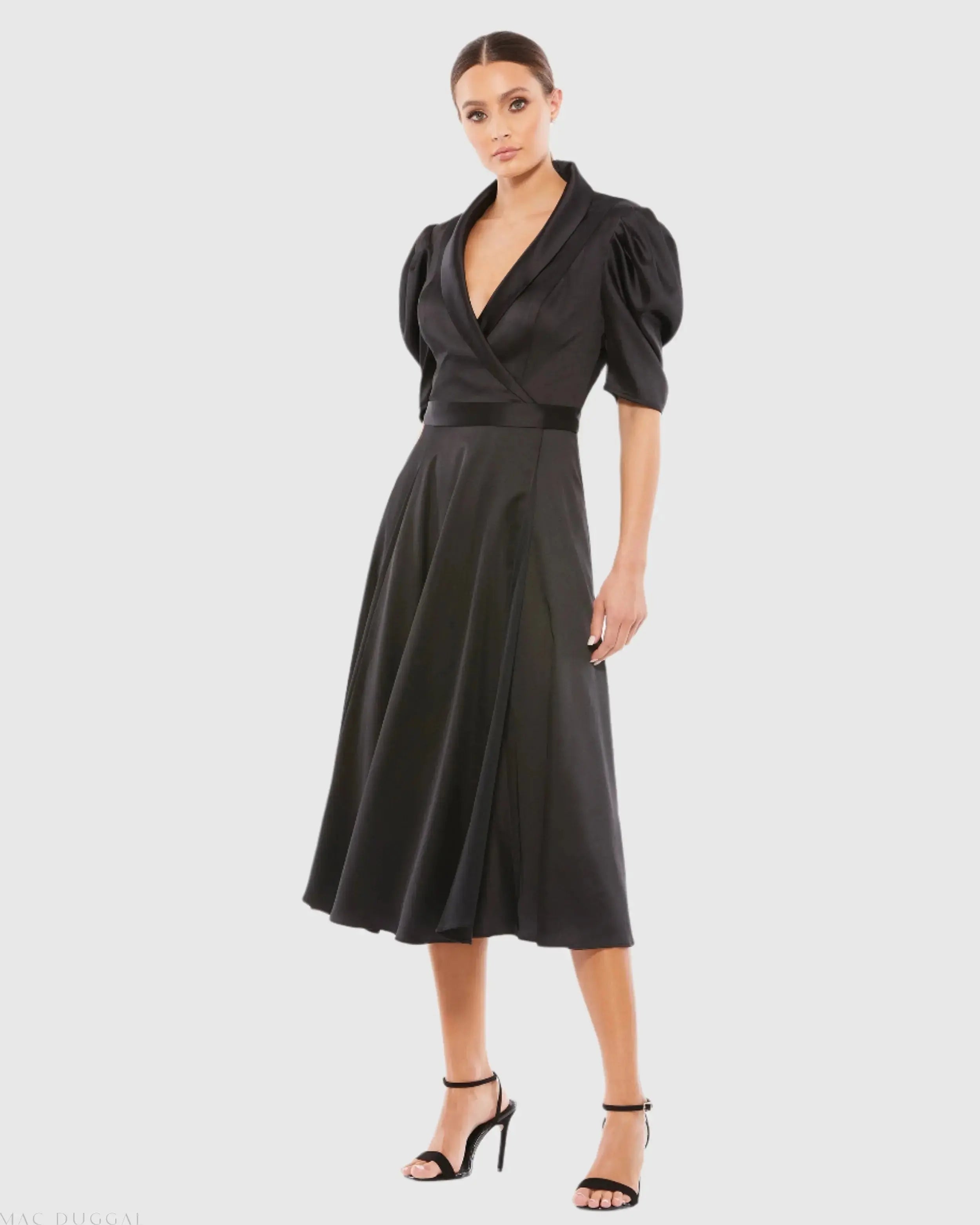 Satin Lapel Puff Sleeve Tea Length Dress-Myartka