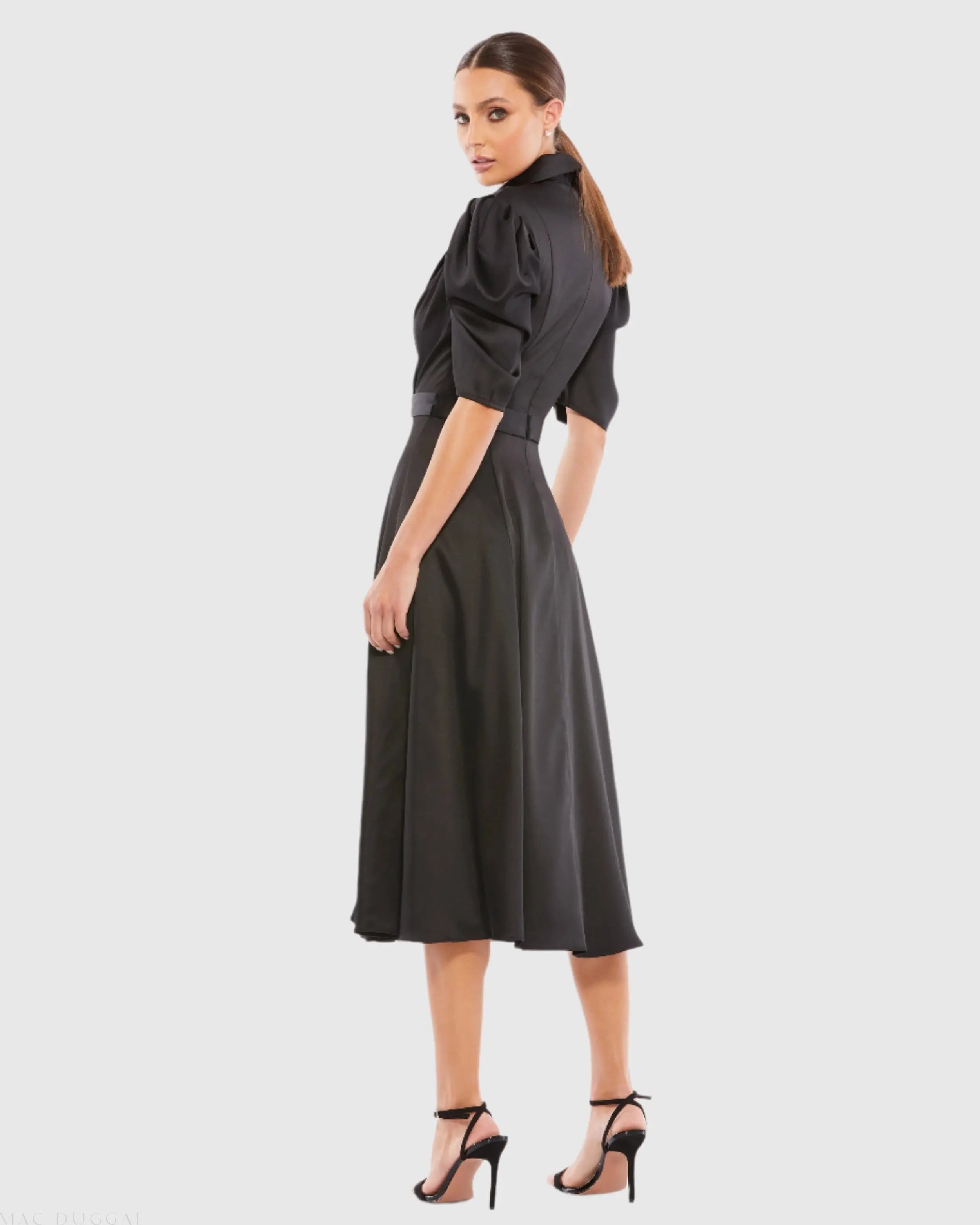 Black Satin Lapel Puff Sleeve Tea Length Dress-Myartka