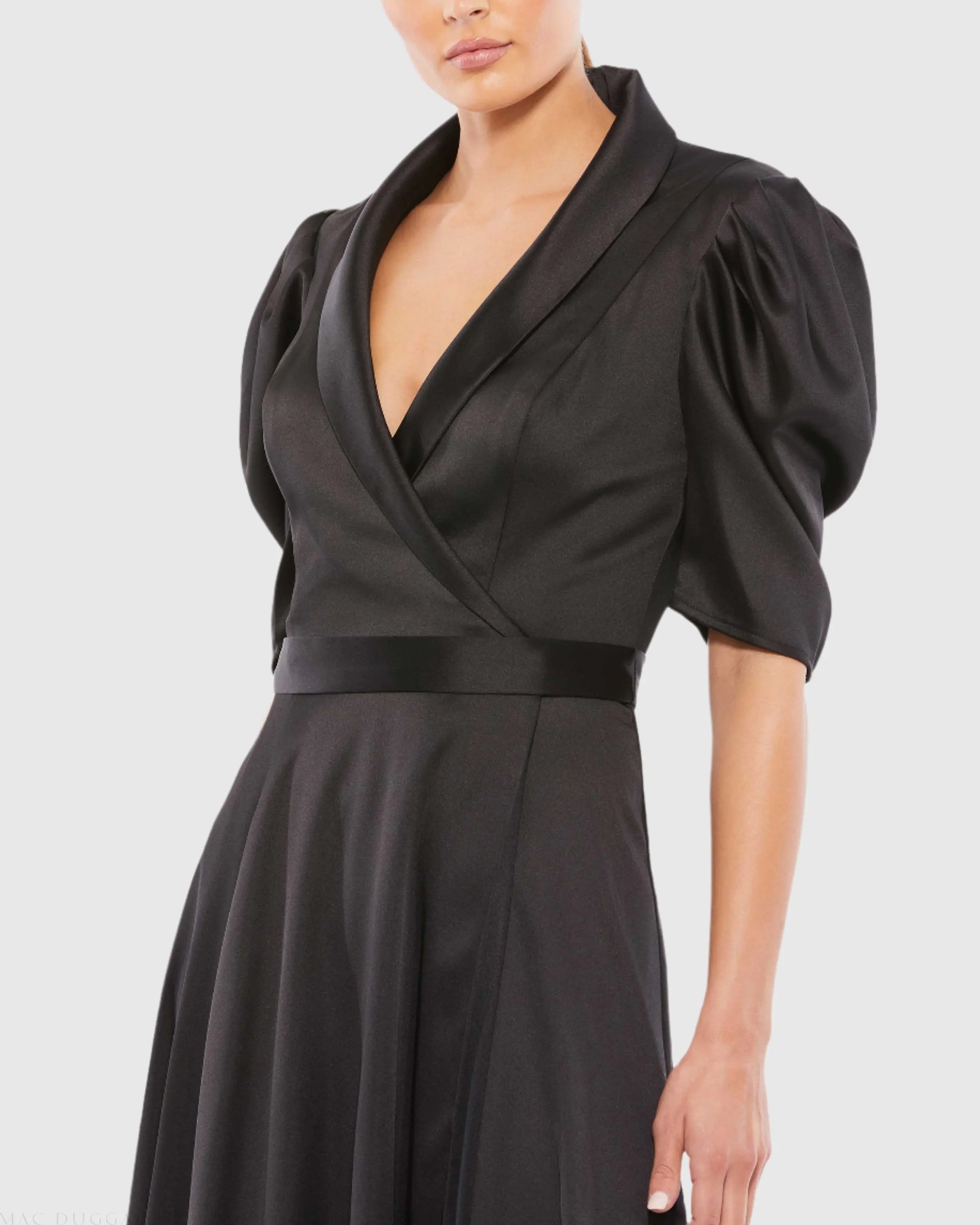 Black Satin Lapel Puff Sleeve Tea Length Dress-Myartka