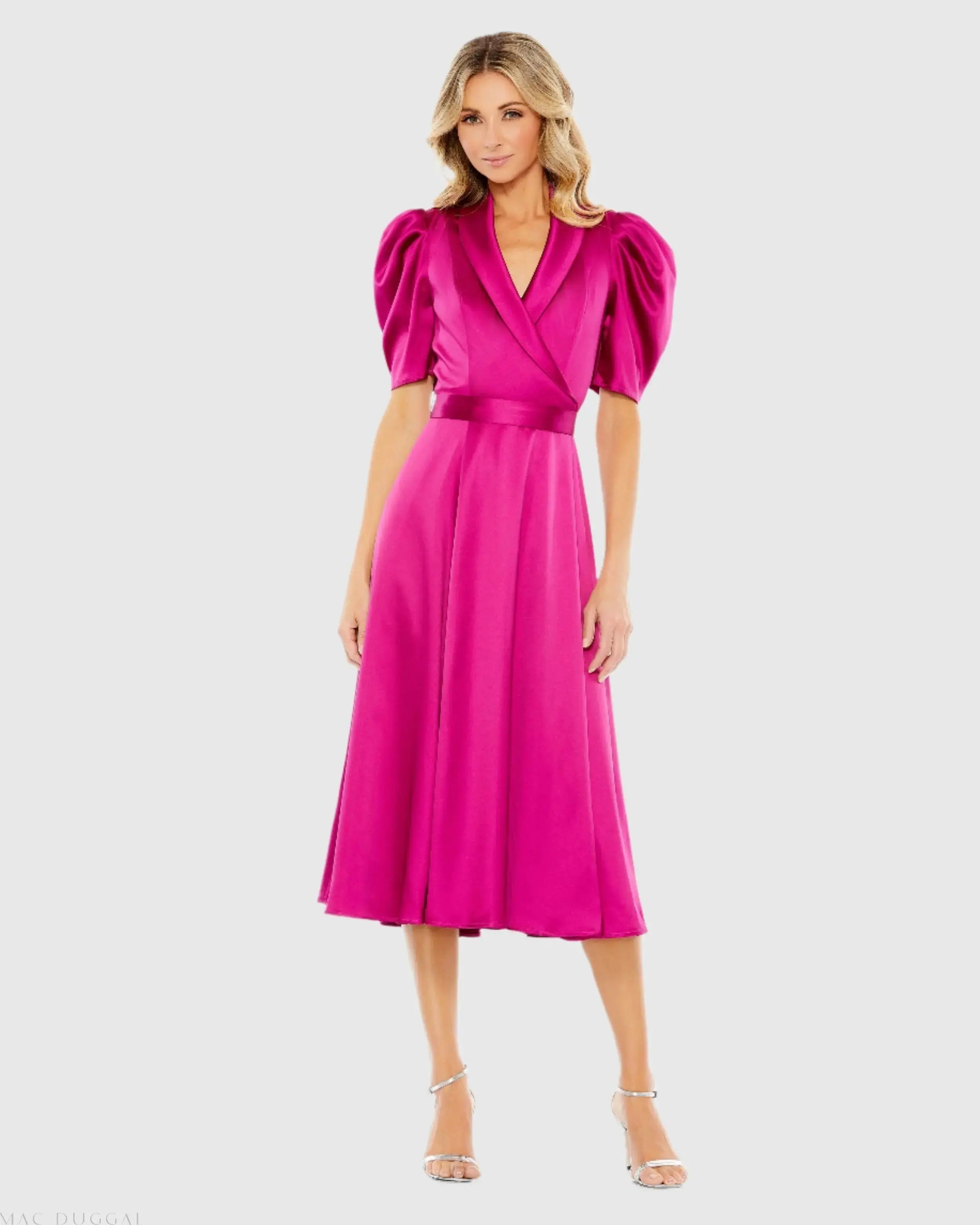 Pink Satin Lapel Puff Sleeve Tea Length Dress-Myartka