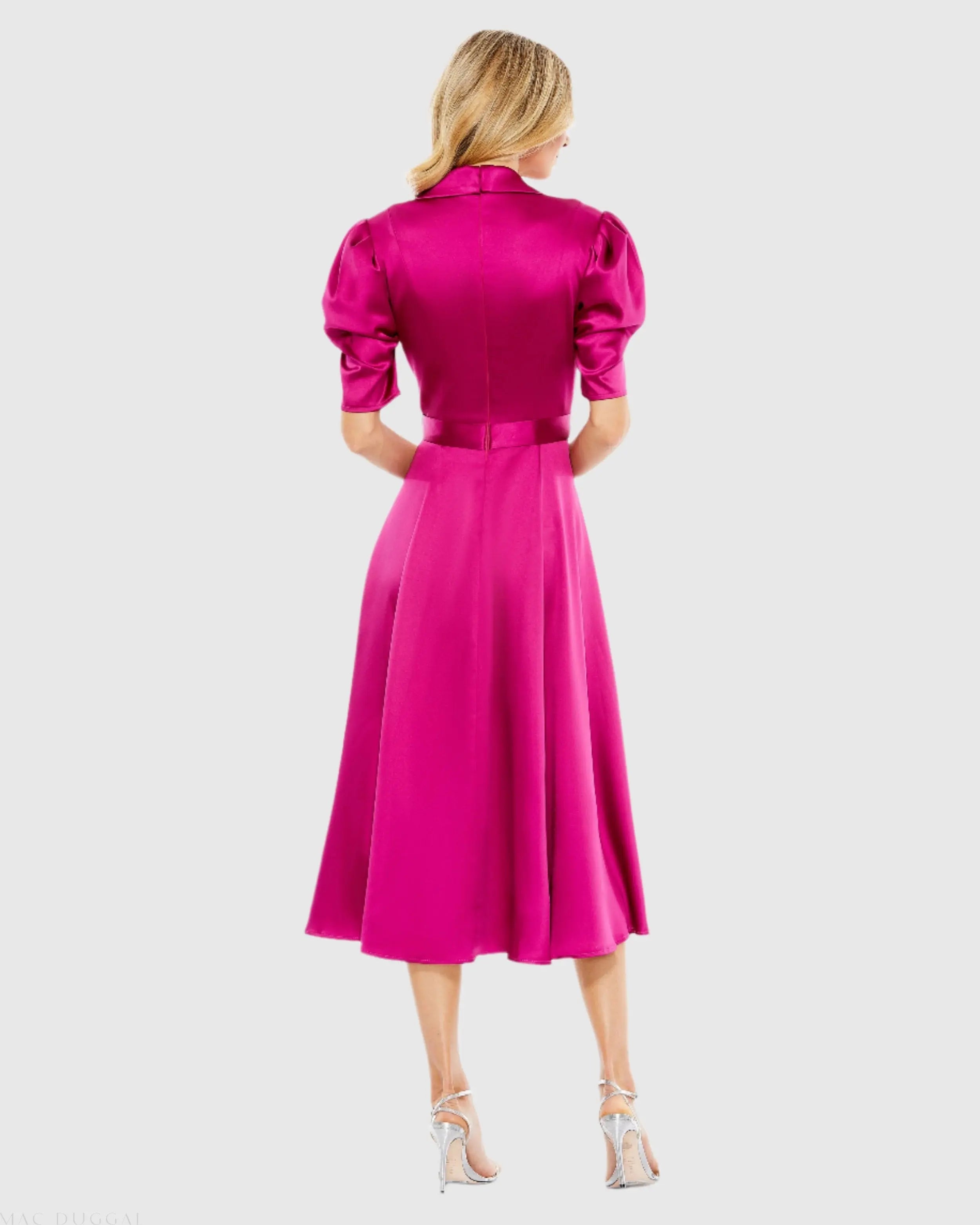 Pink Satin Lapel Puff Sleeve Tea Length Dress-Myartka
