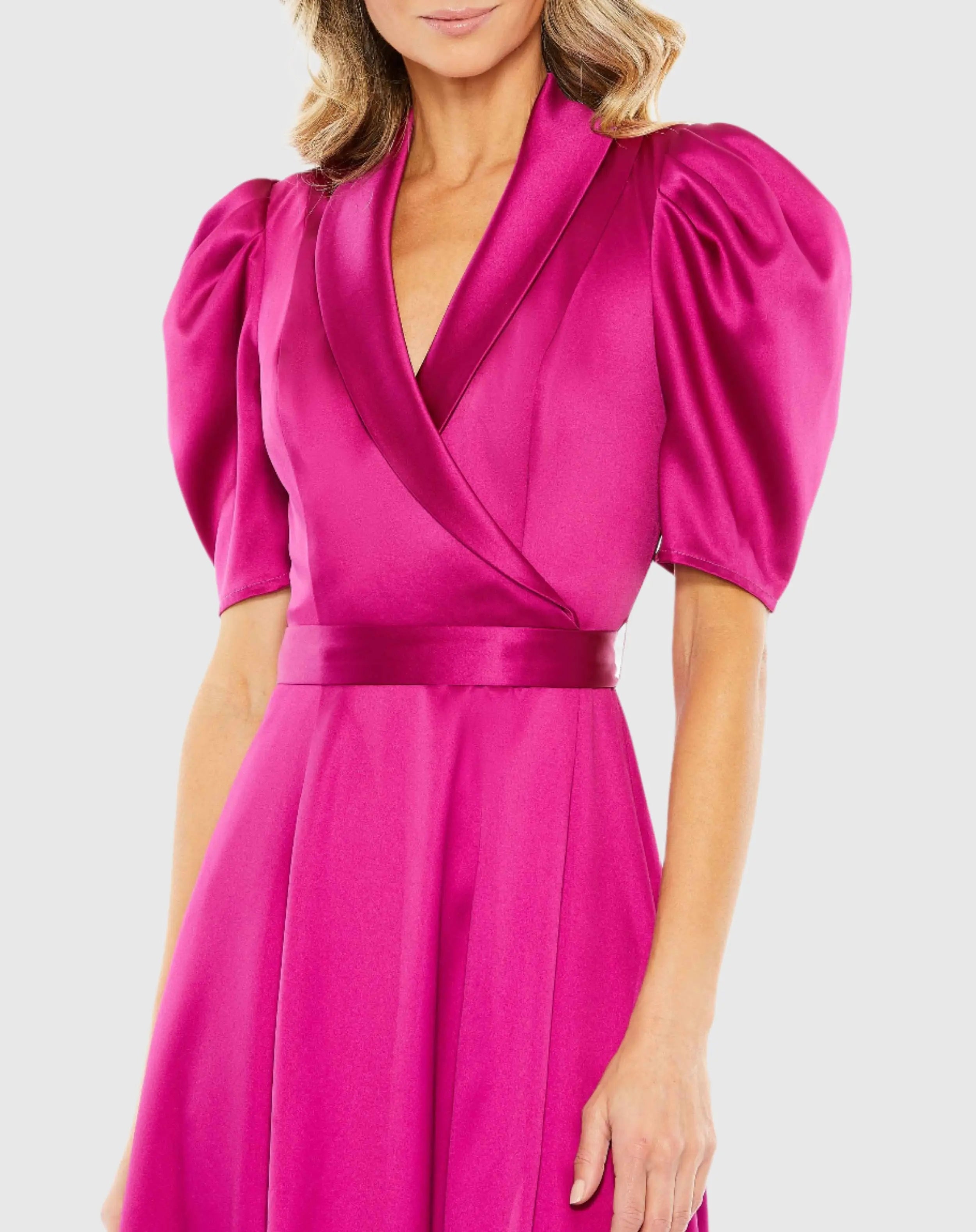 Pink Satin Lapel Puff Sleeve Tea Length Dress-Myartka