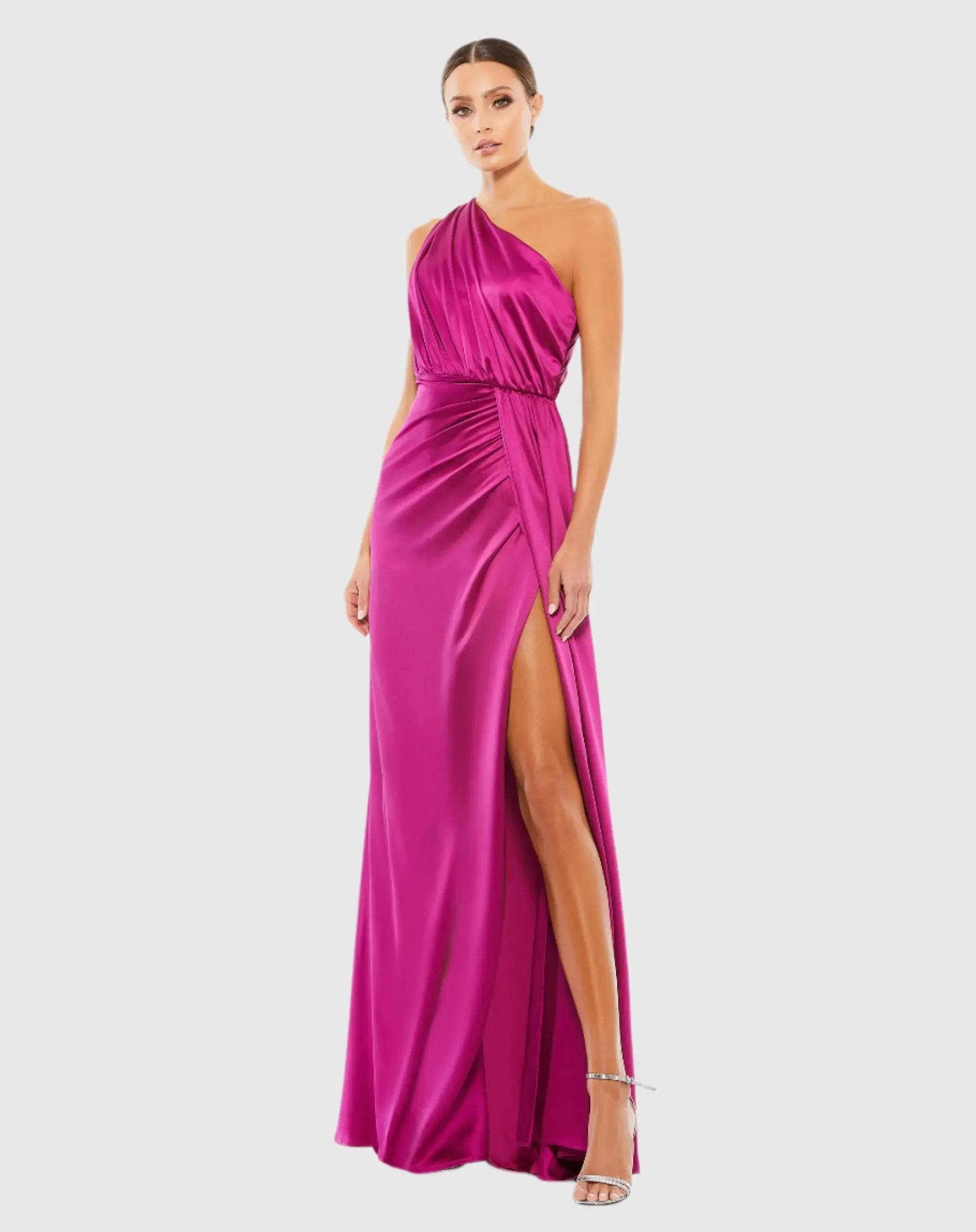 Gathered One Shoulder Satin Faux Wrap Gown-Myartka