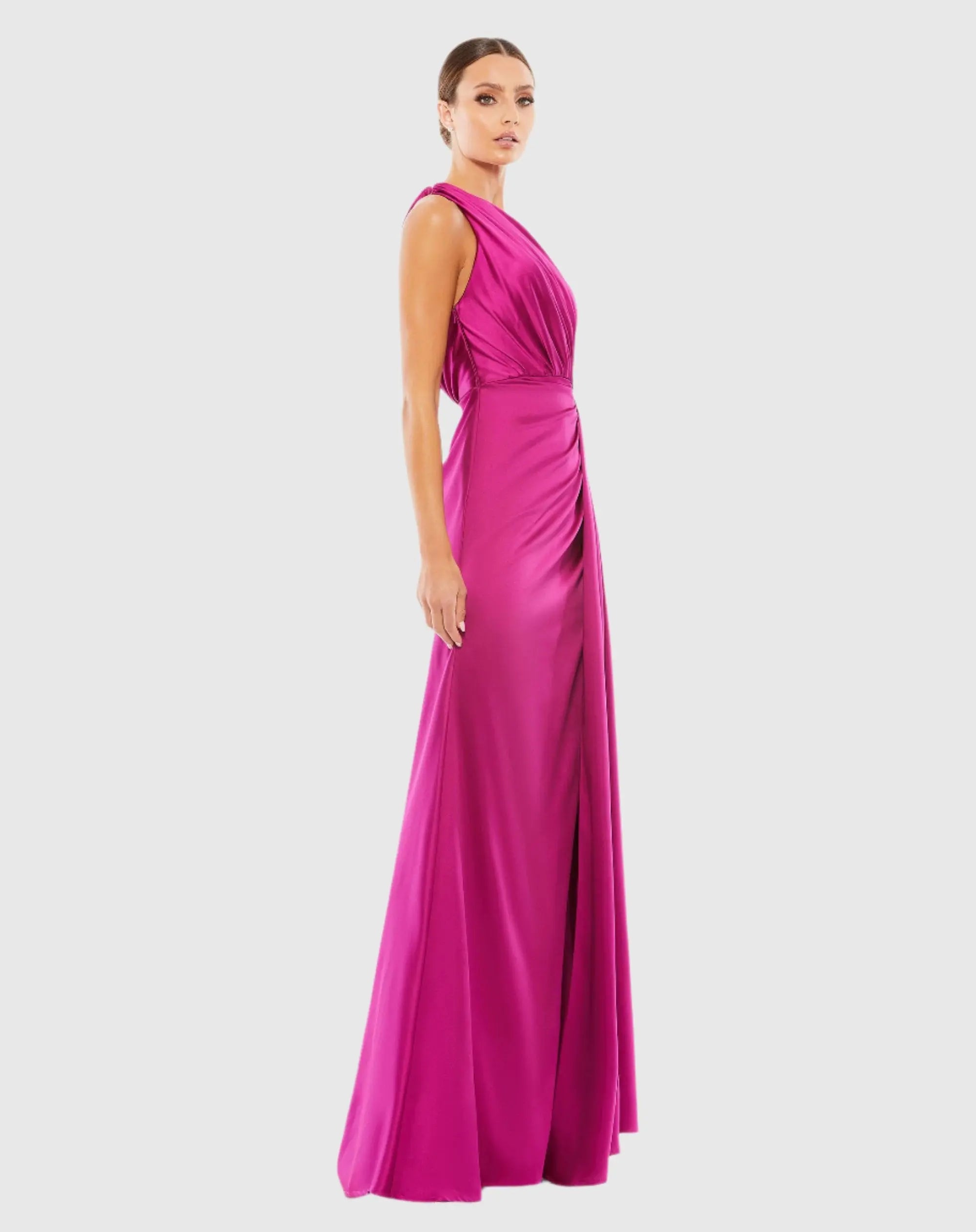 Purple Gathered One Shoulder Satin Faux Wrap Gown-Myartka