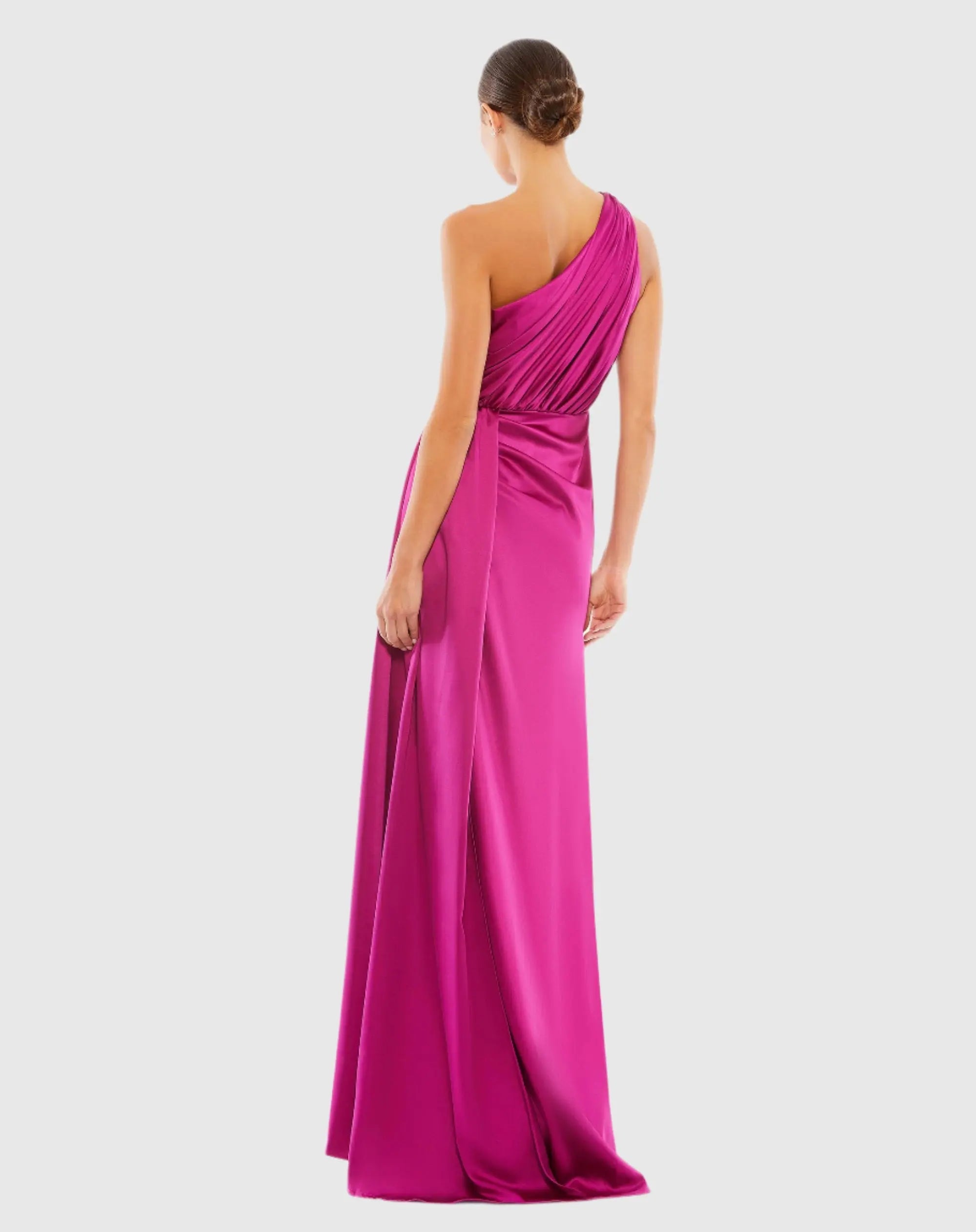 Purple Gathered One Shoulder Satin Faux Wrap Gown-Myartka