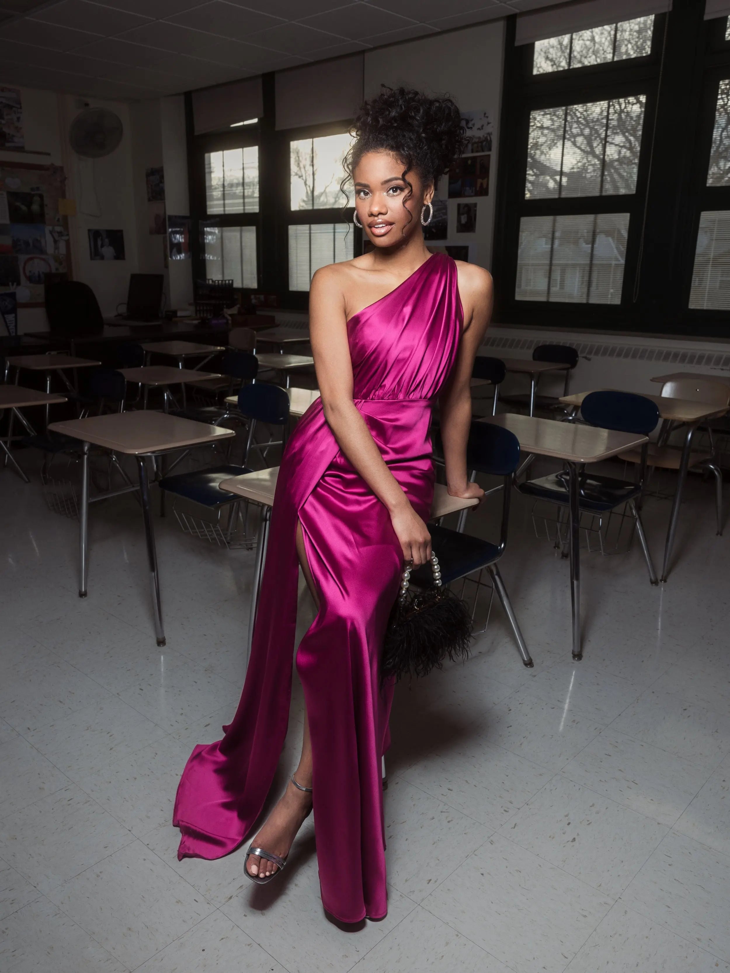 Purple Gathered One Shoulder Satin Faux Wrap Gown-Myartka