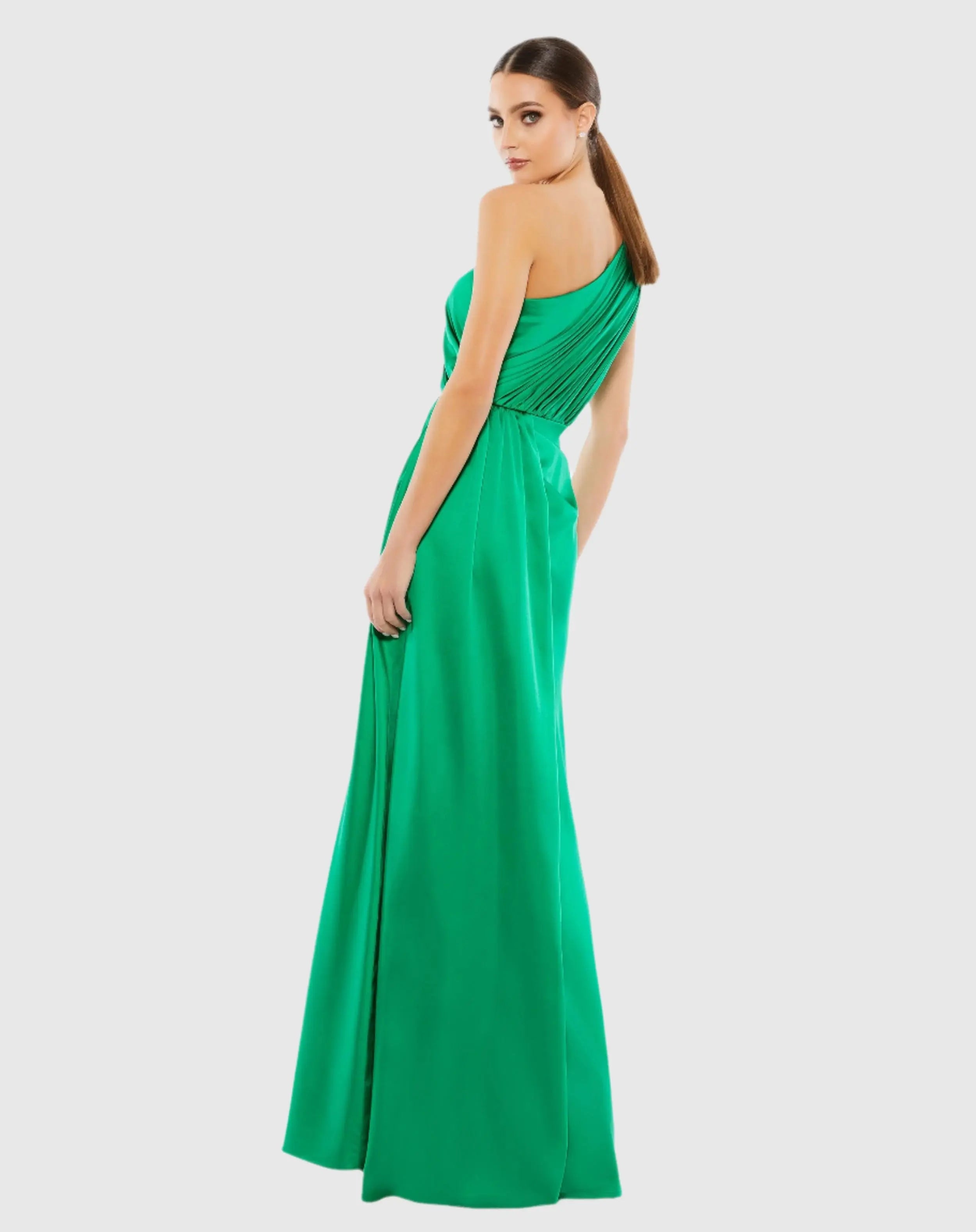 Green Gathered One Shoulder Satin Faux Wrap Gown-Myartka
