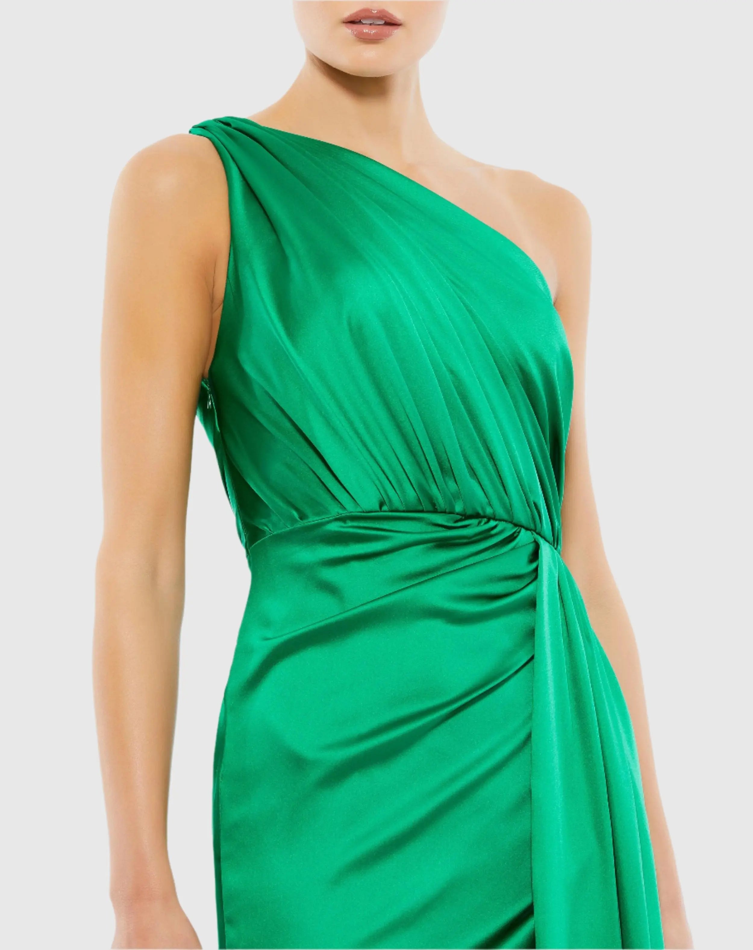 Green Gathered One Shoulder Satin Faux Wrap Gown-Myartka