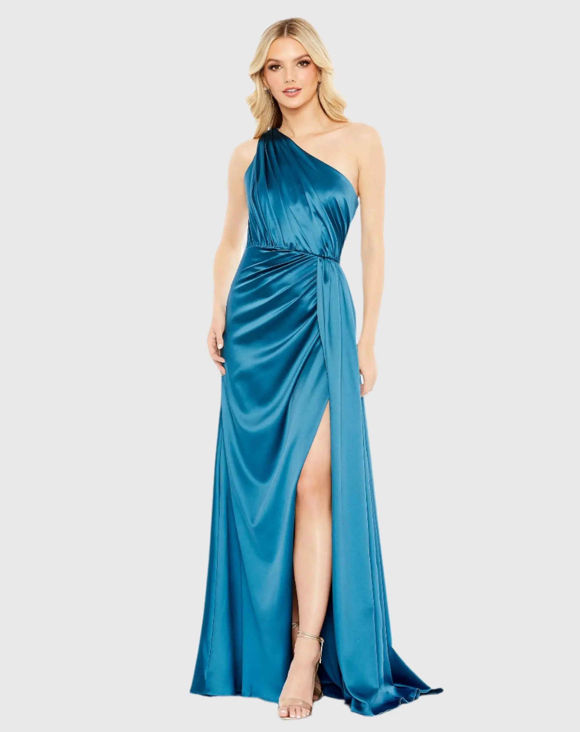 Blue Gathered One Shoulder Satin Faux Wrap Gown-Myartka