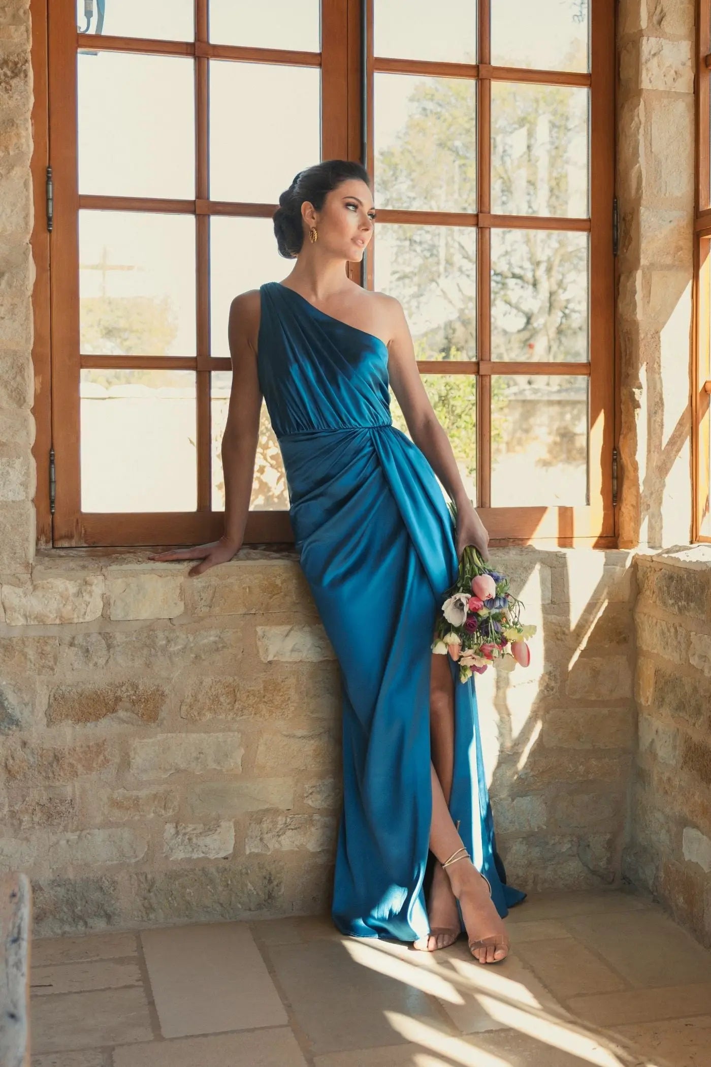 Blue Gathered One Shoulder Satin Faux Wrap Gown-Myartka