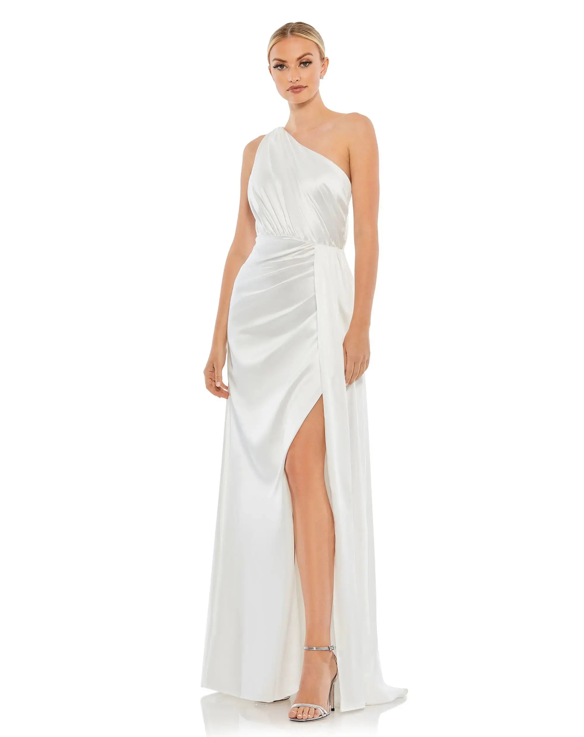 Gathered One Shoulder Satin Faux Wrap Gown-Myartka