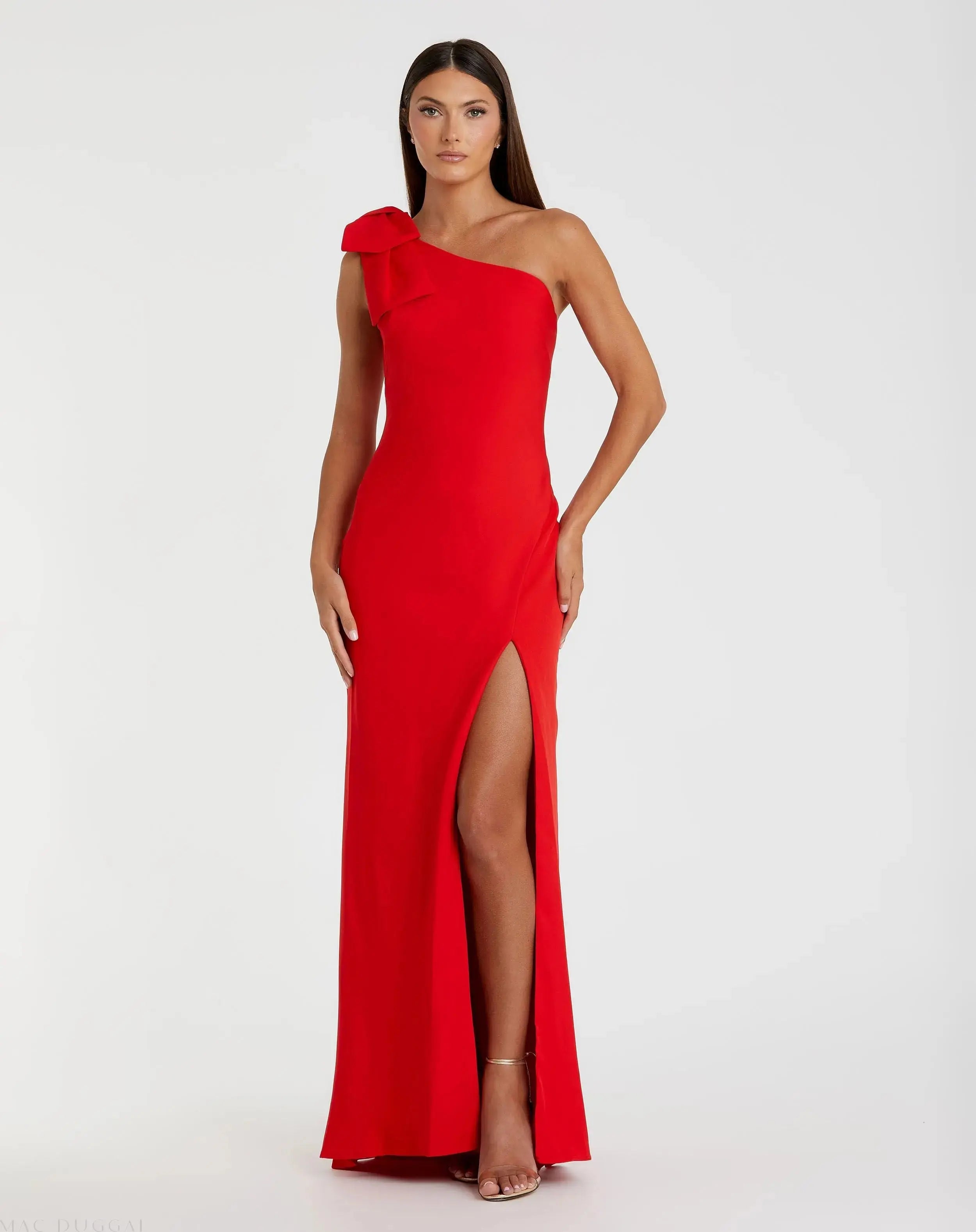 Red Crepe One Shoulder Bow Gown-Myartka