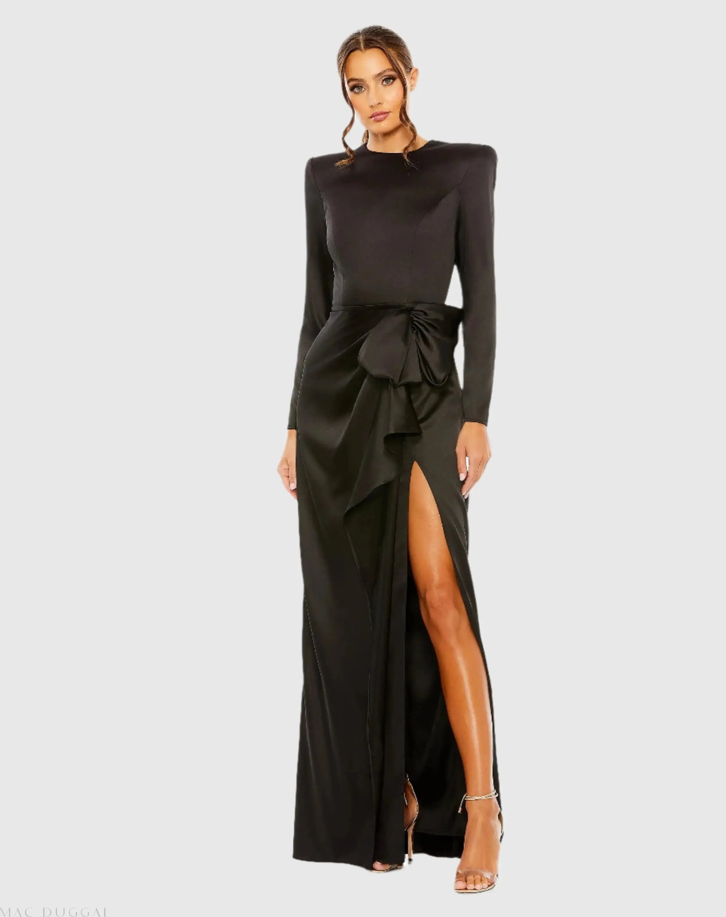 Black Long Sleeve Satin Structured Bow Draped Column Gown-Myartka