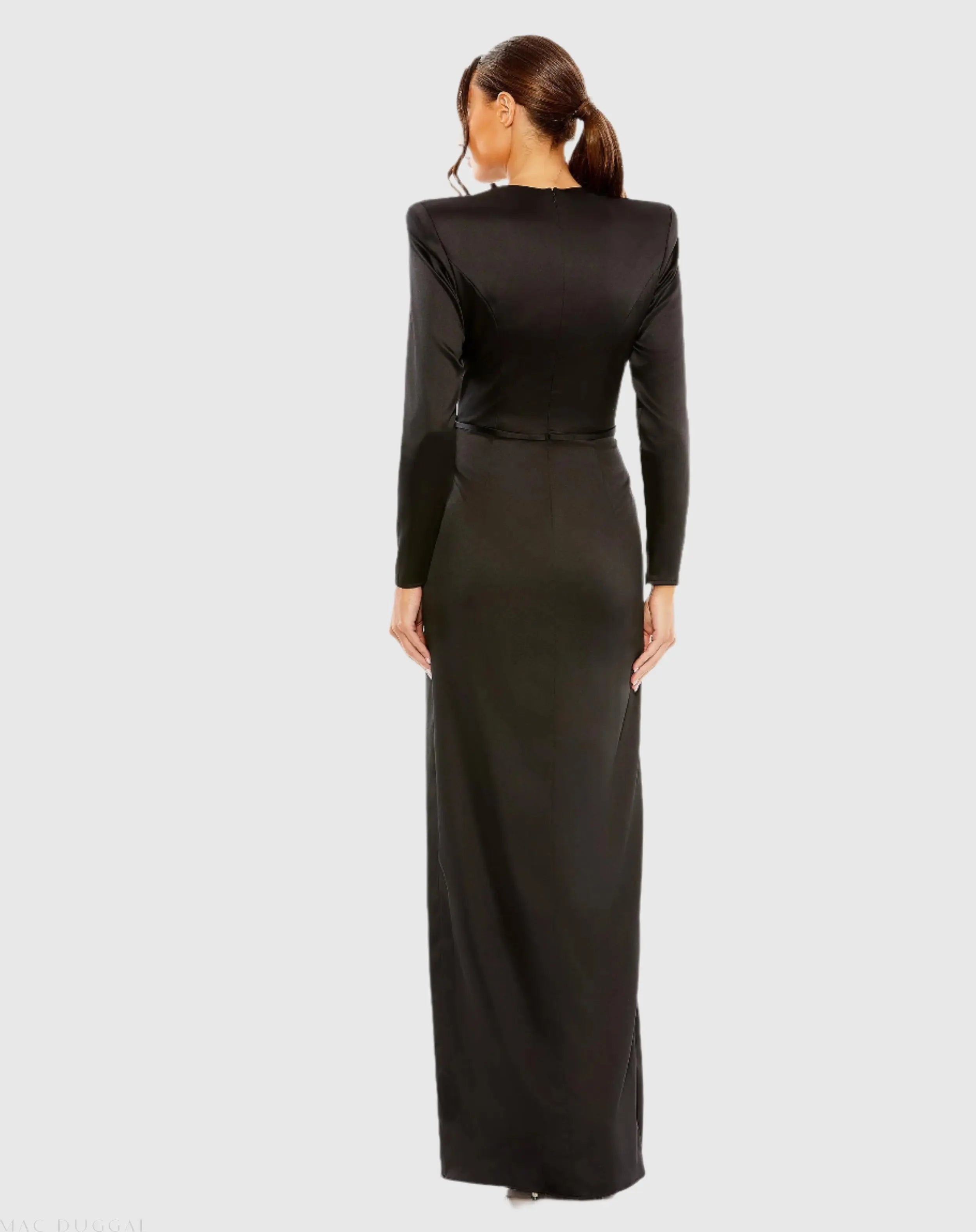 Black Long Sleeve Satin Structured Bow Draped Column Gown-Myartka