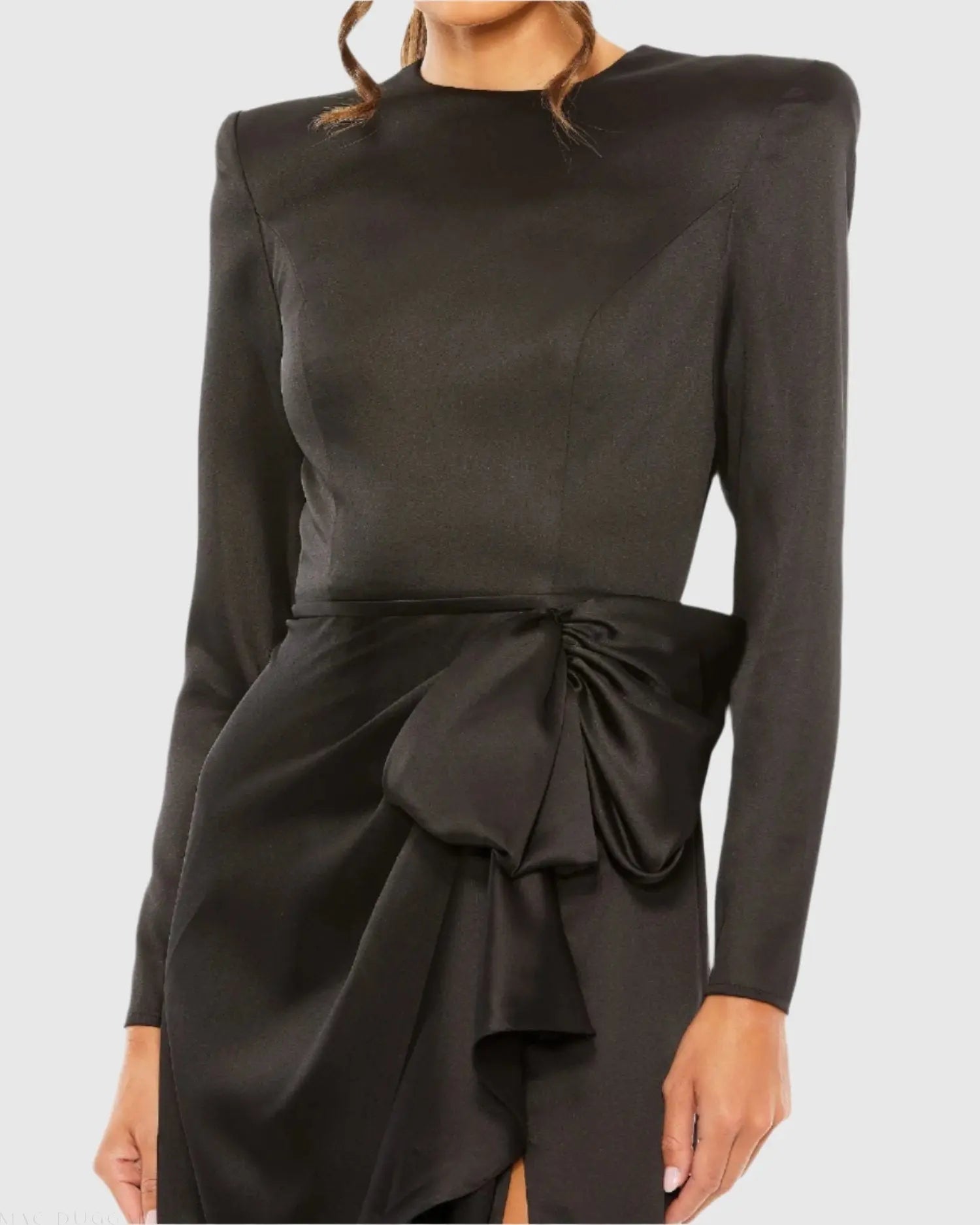 Black Long Sleeve Satin Structured Bow Draped Column Gown-Myartka