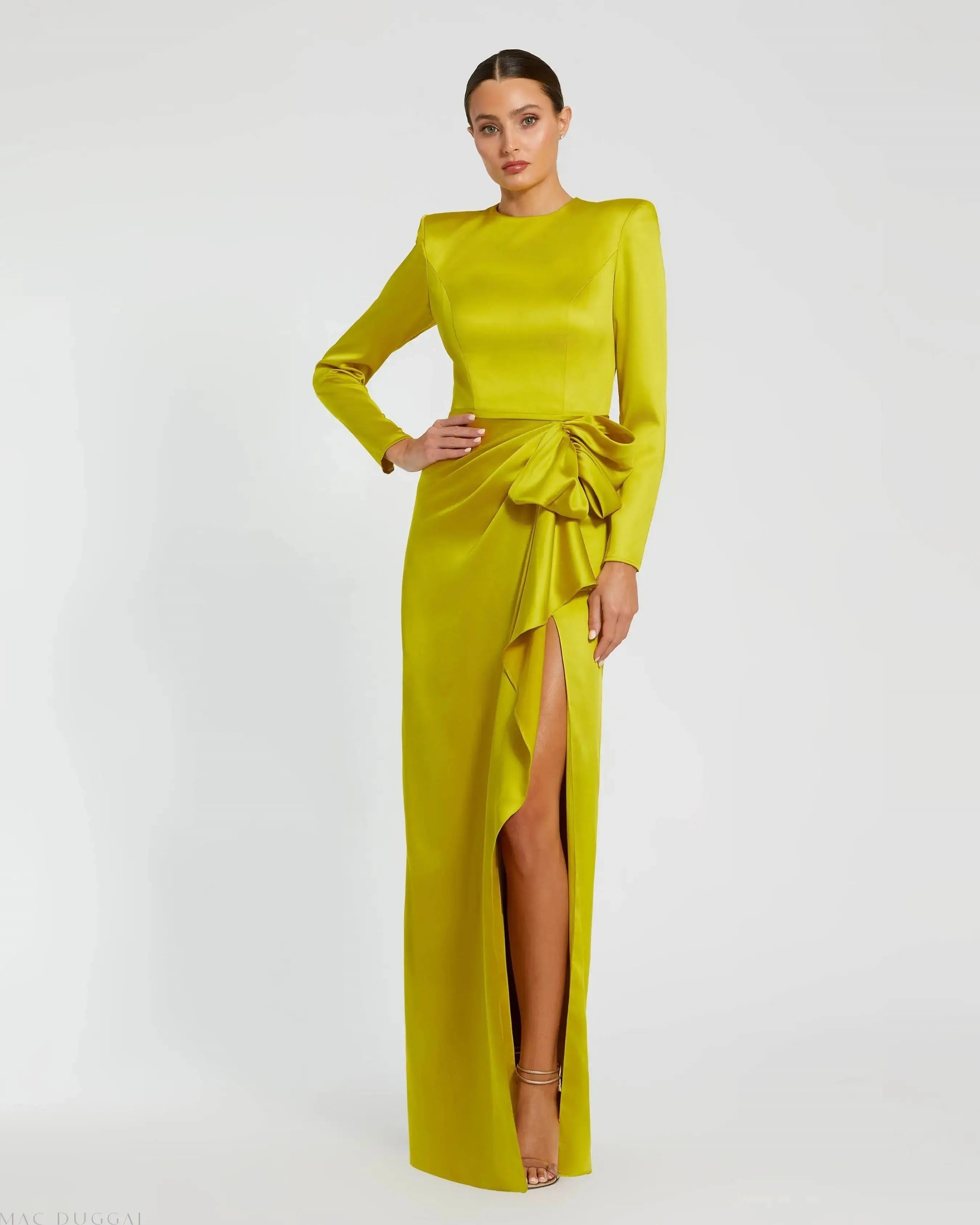 Green Long Sleeve Satin Structured Bow Draped Column Gown-Myartka