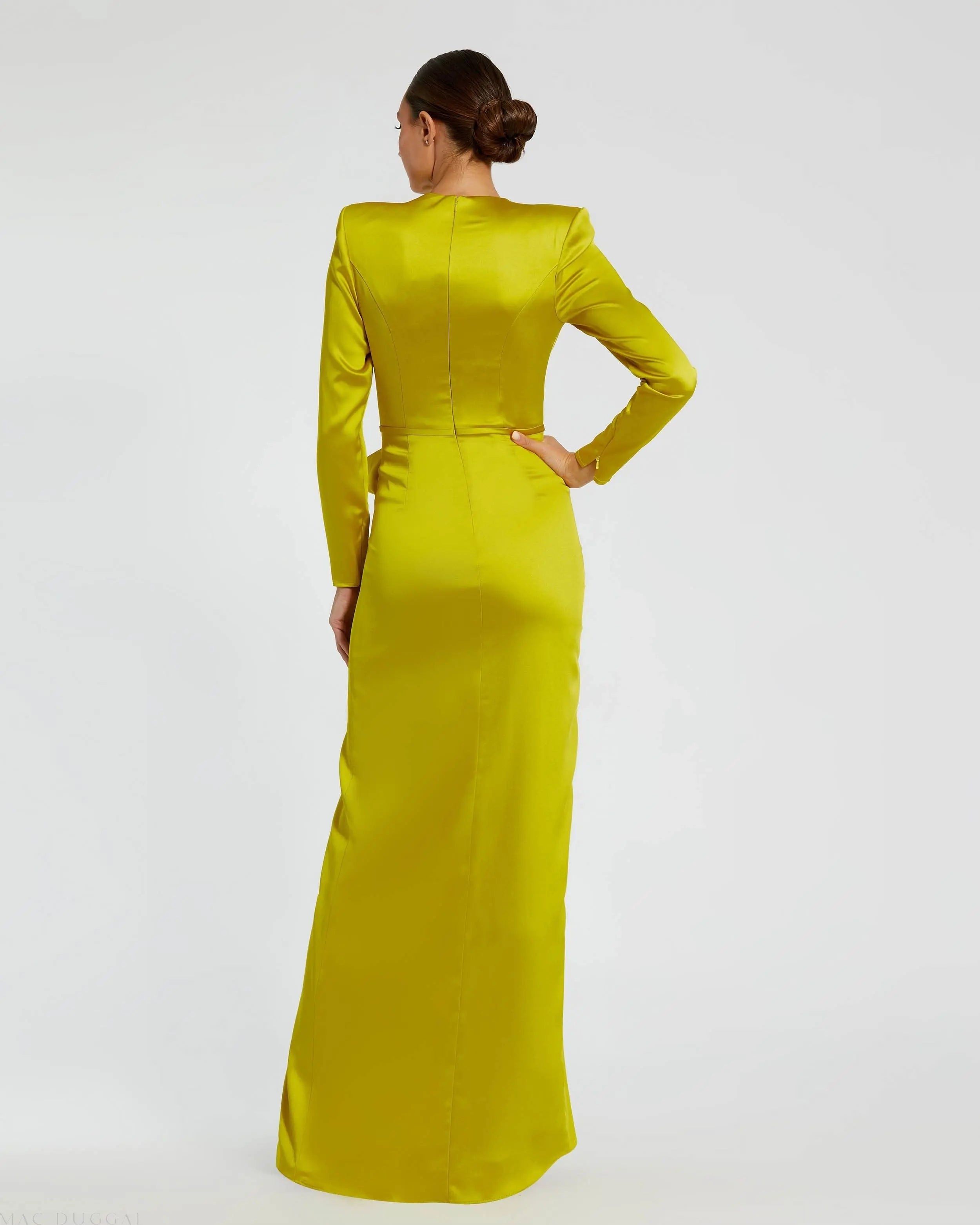 Green Long Sleeve Satin Structured Bow Draped Column Gown-Myartka