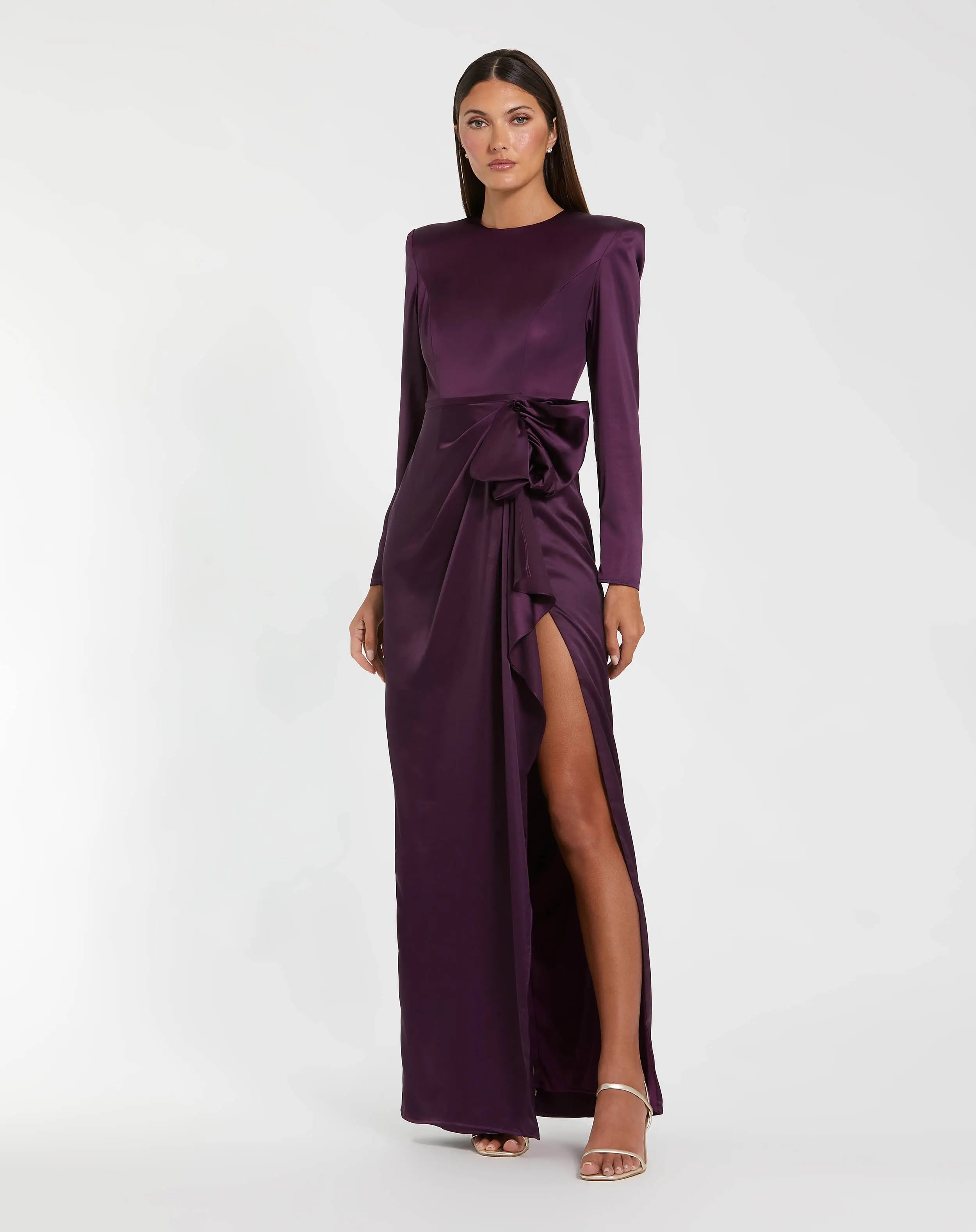 Purple Long Sleeve Structured Bow Draped Column Gown-Myartka