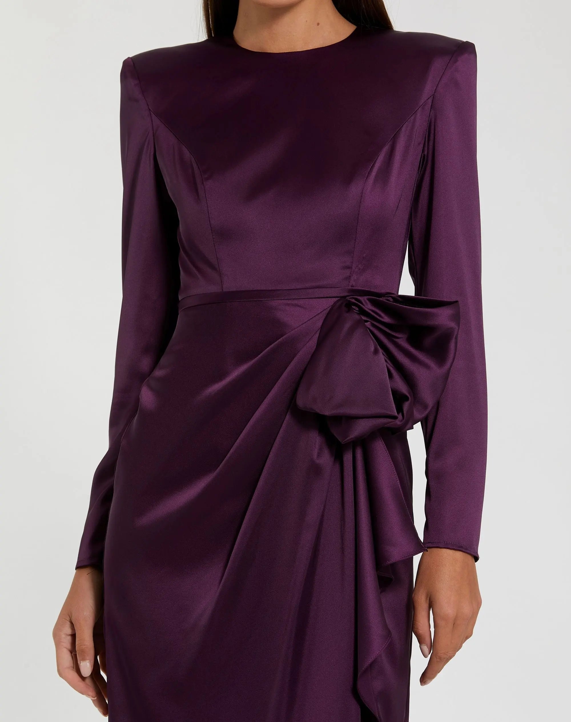 Purple Long Sleeve Structured Bow Draped Column Gown-Myartka