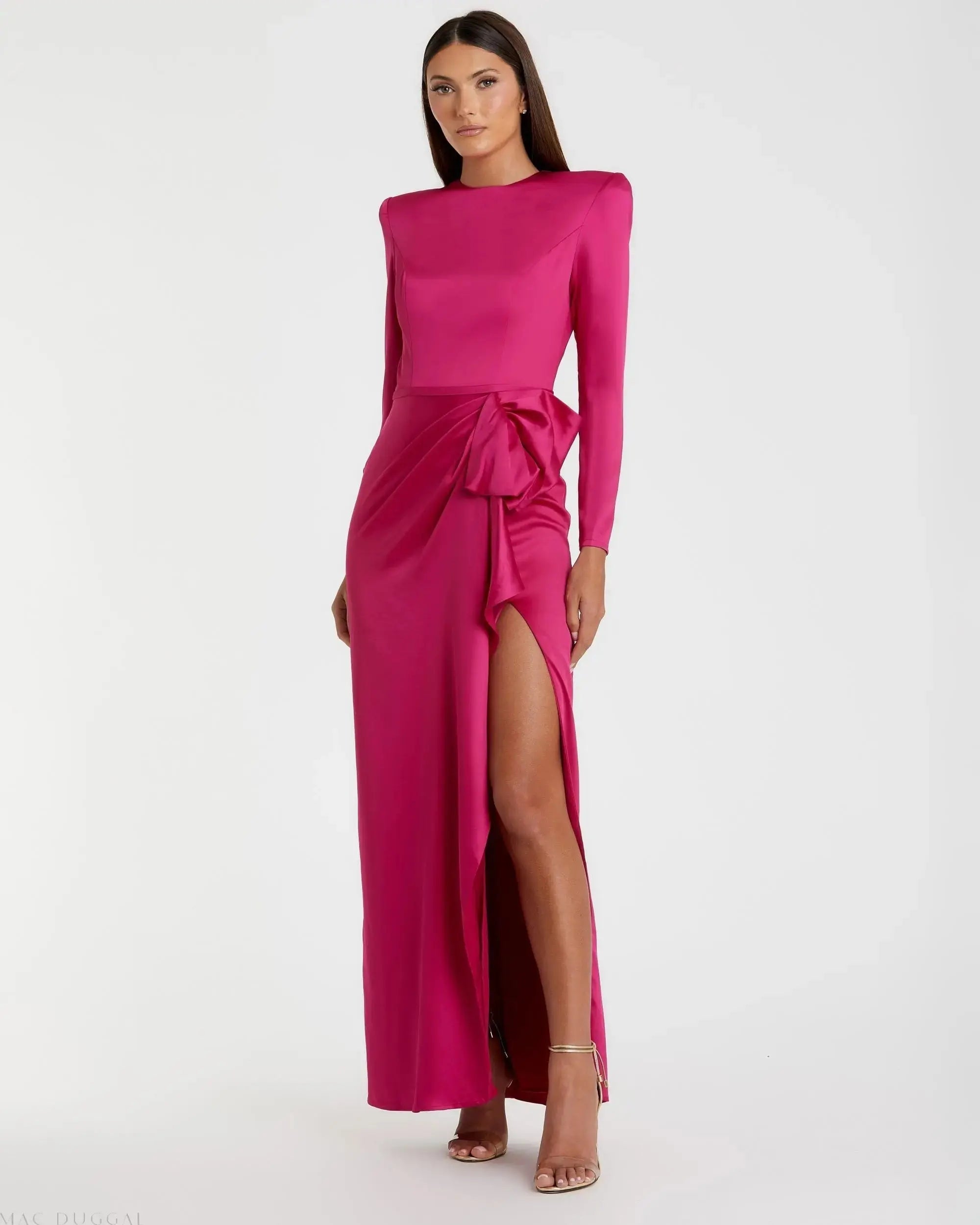 Pink Long Sleeve Satin Structured Bow Draped Column Gown-Myartka