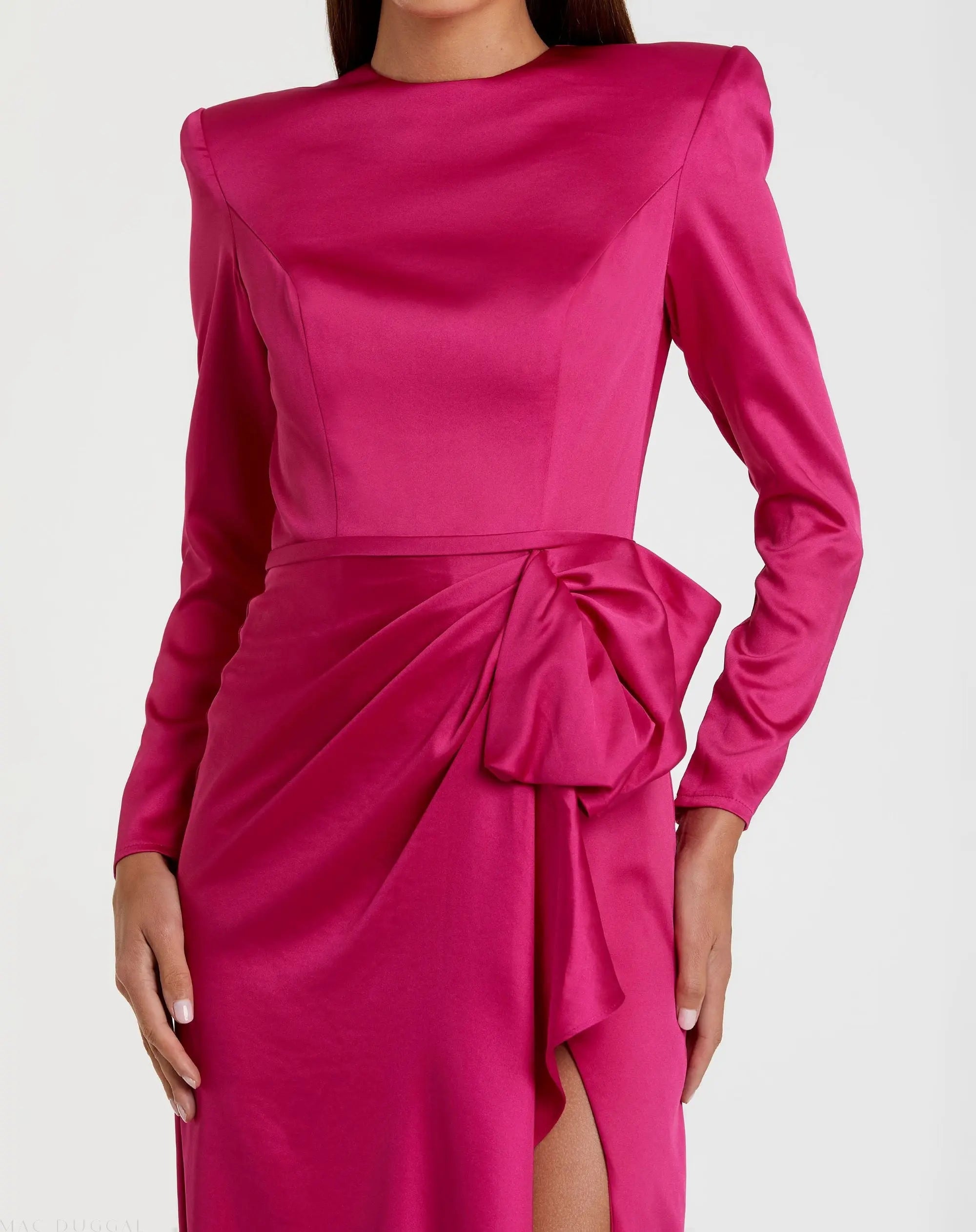Pink Long Sleeve Satin Structured Bow Draped Column Gown-Myartka