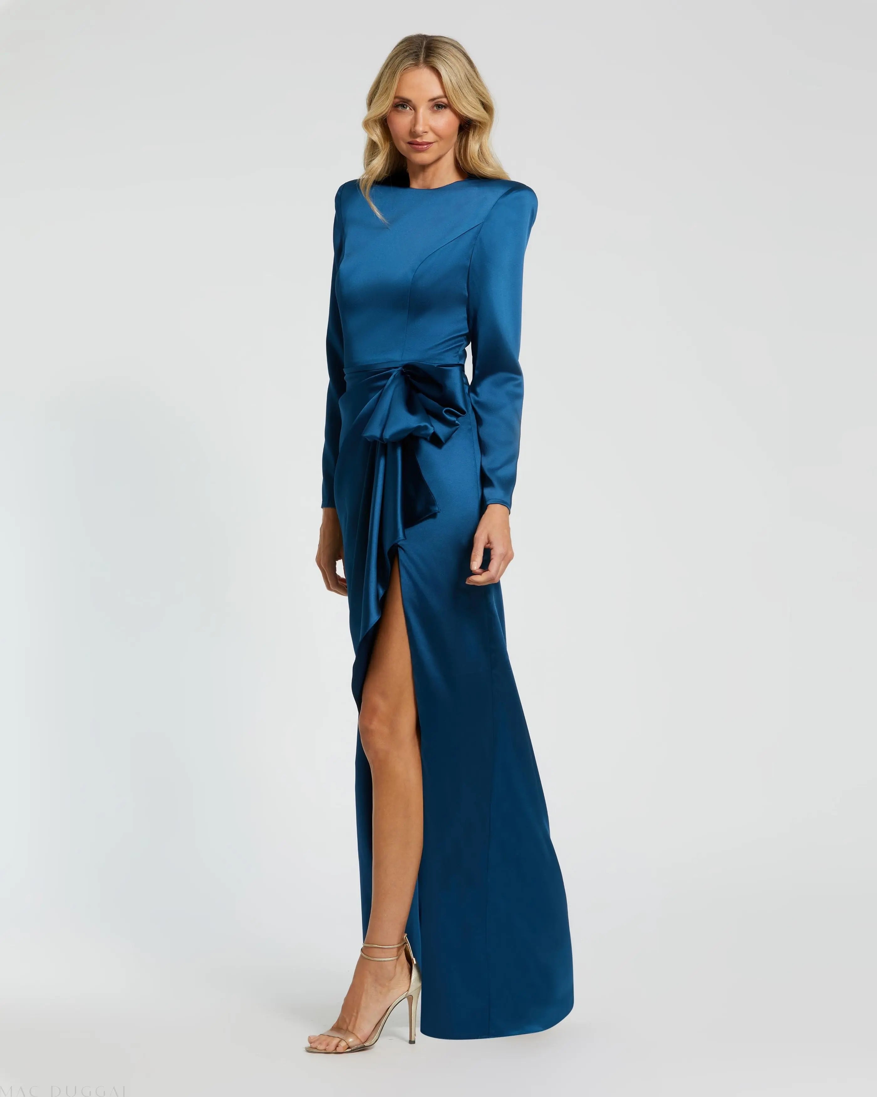 Blue Long Sleeve Satin Structured Bow Draped Column Gown-Myartka
